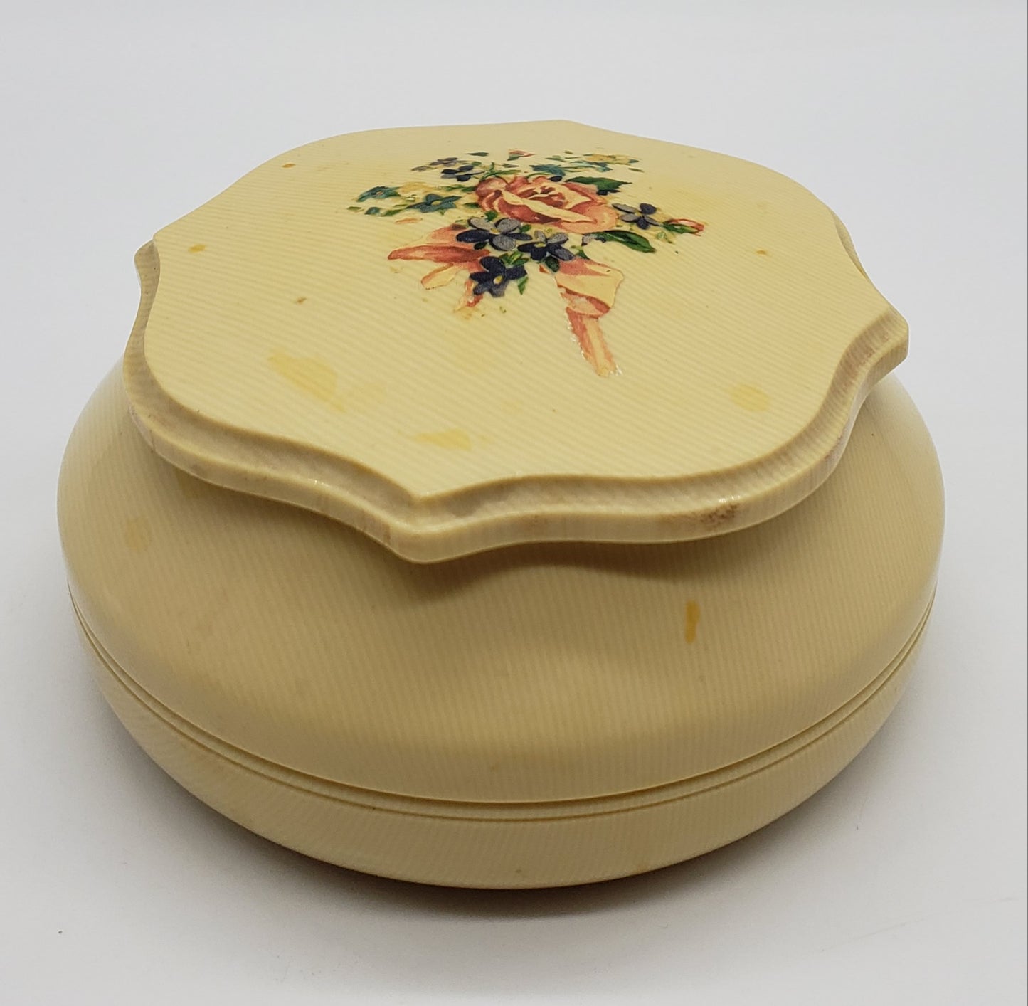 Celluloid Powder Box w/ Floral Lid Vanity Dresser Art Deco