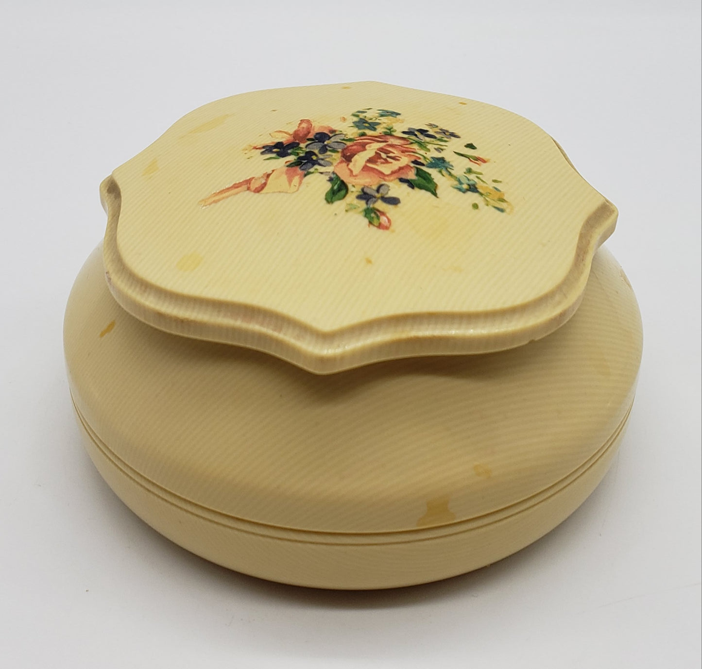 Celluloid Powder Box w/ Floral Lid Vanity Dresser Art Deco