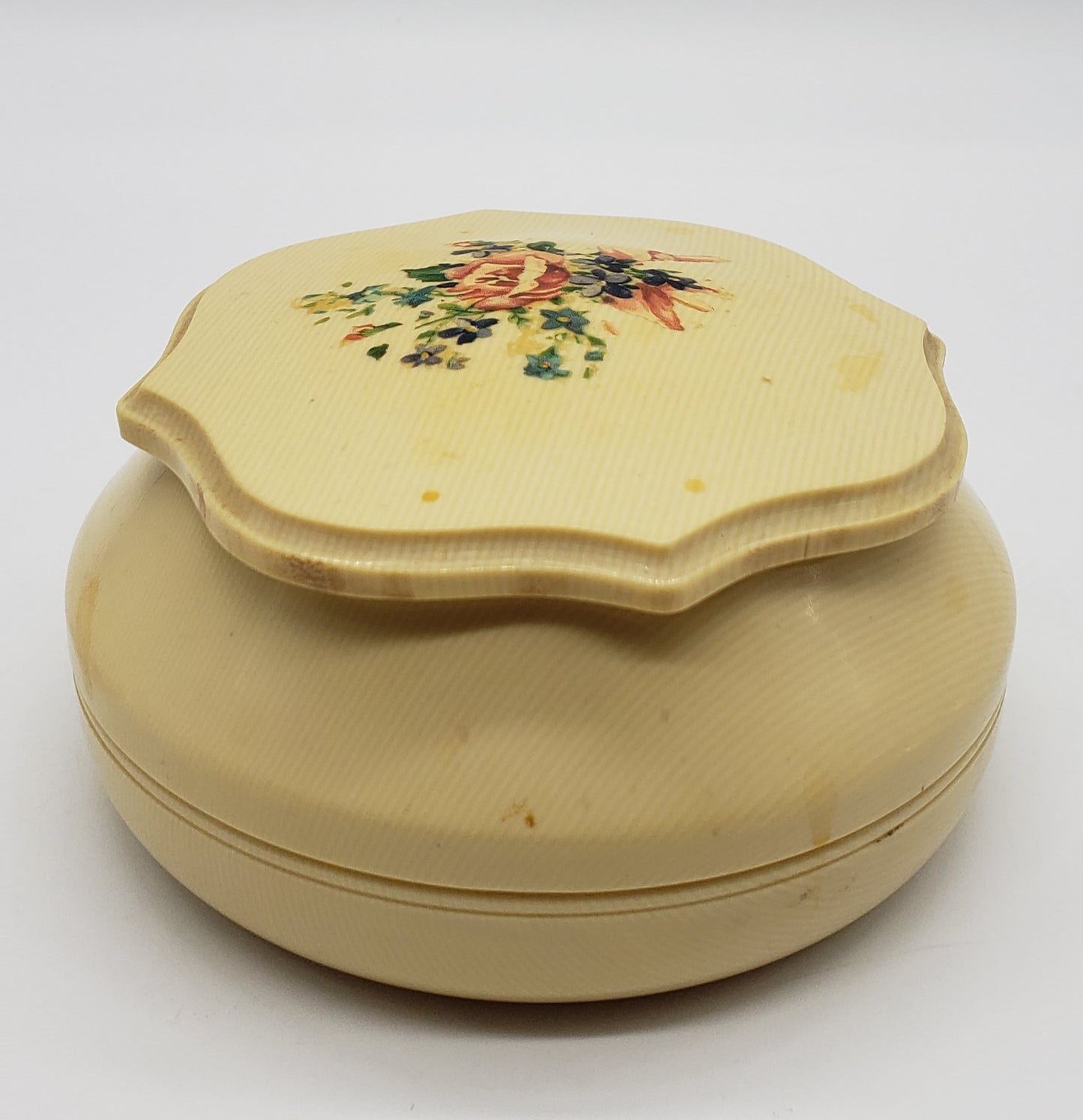 Celluloid Powder Box w/ Floral Lid Vanity Dresser Art Deco
