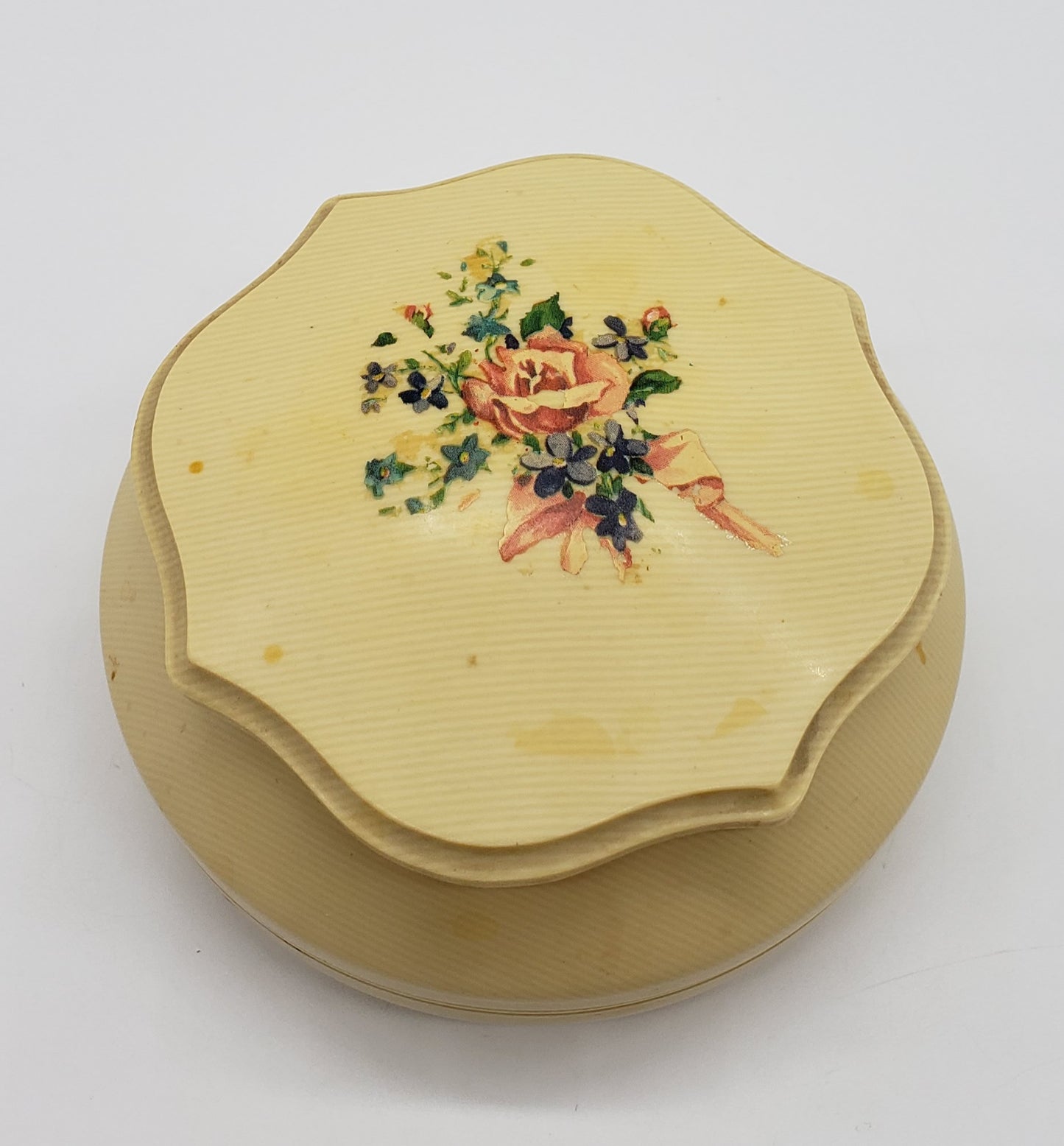 Celluloid Powder Box w/ Floral Lid Vanity Dresser Art Deco