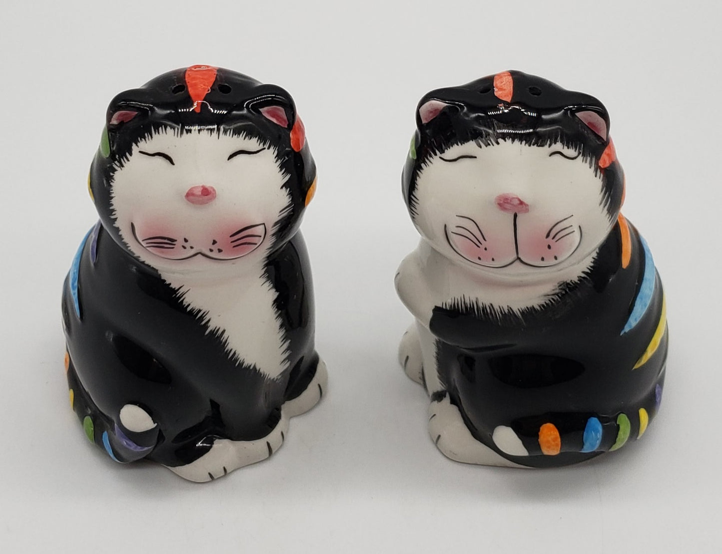 Happy Tuxedo Cats Ceramic Salt and Pepper Shakers Rainbow Stripes GKAO