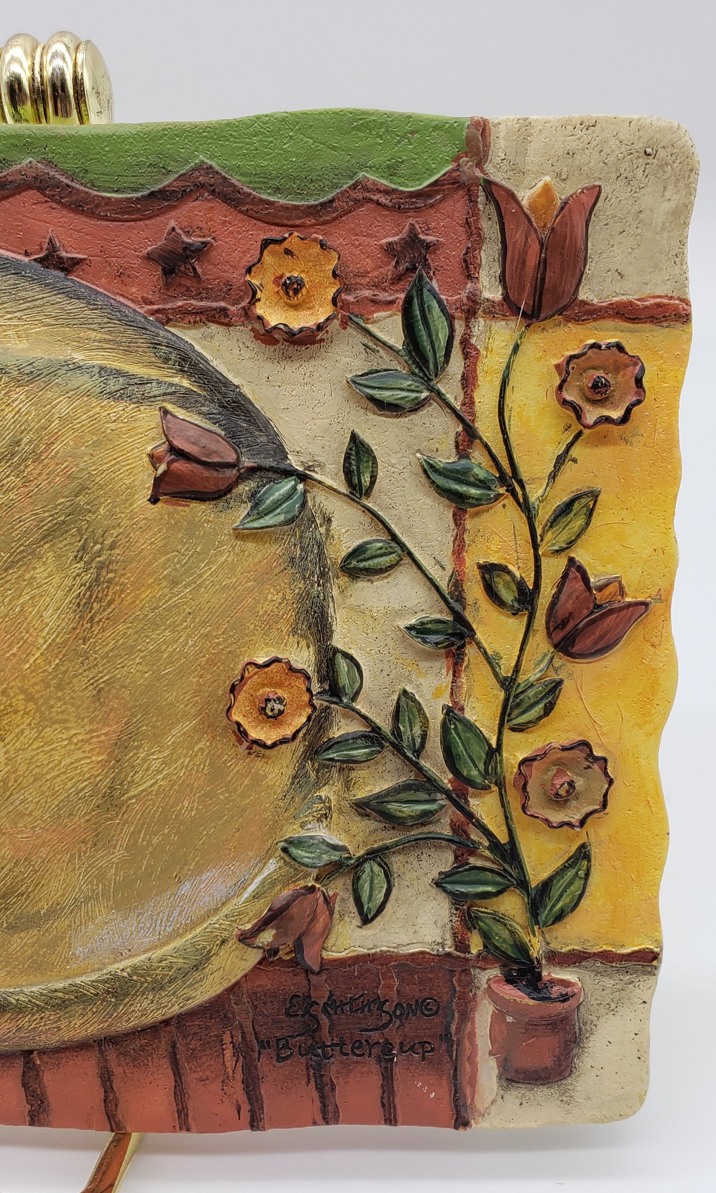 E. Smithson - “Buttercup” - Cat Folk Art - 3D Resin Wall Plaque