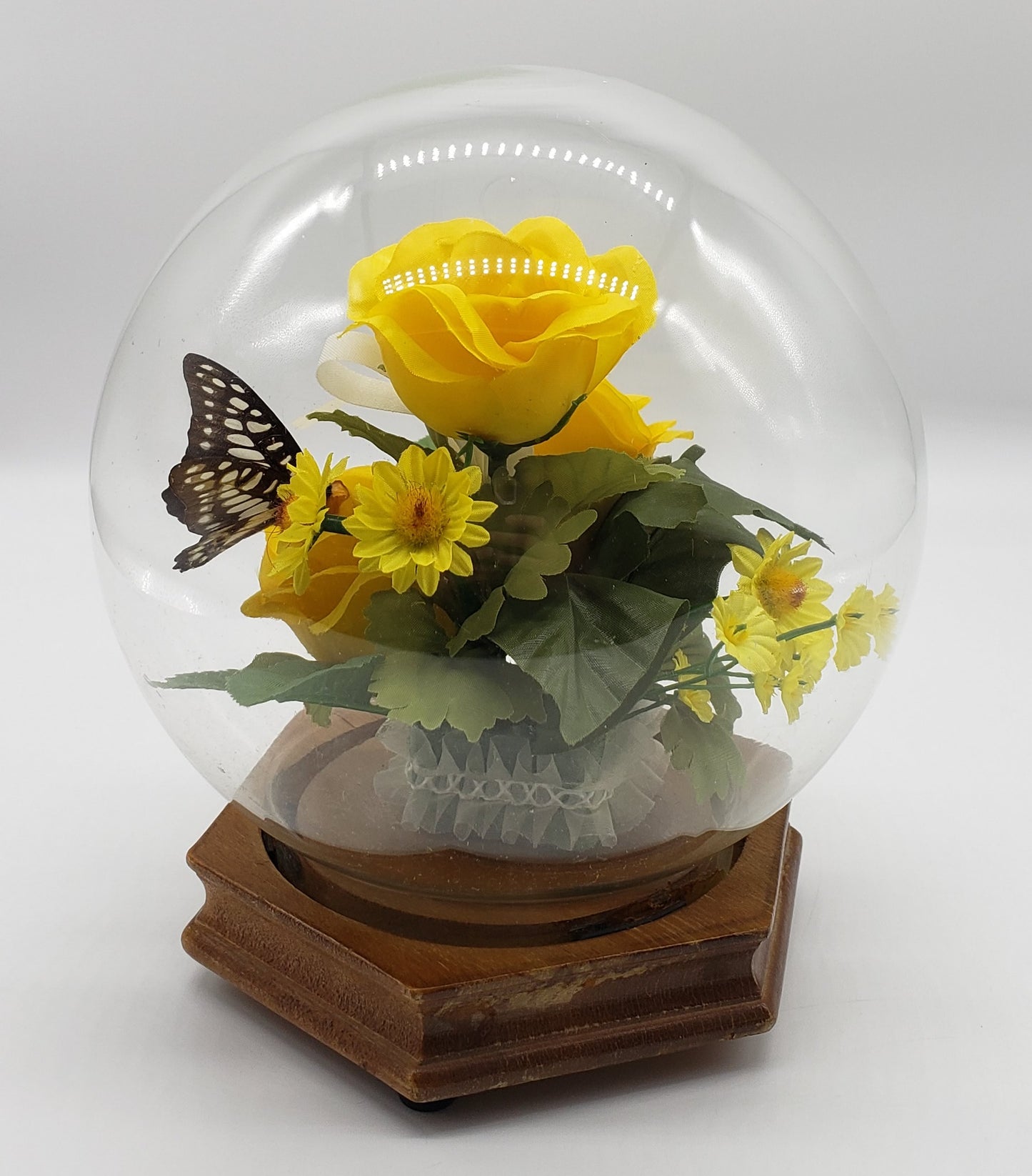 Faux Floral and Butterfly Dome Terrarium