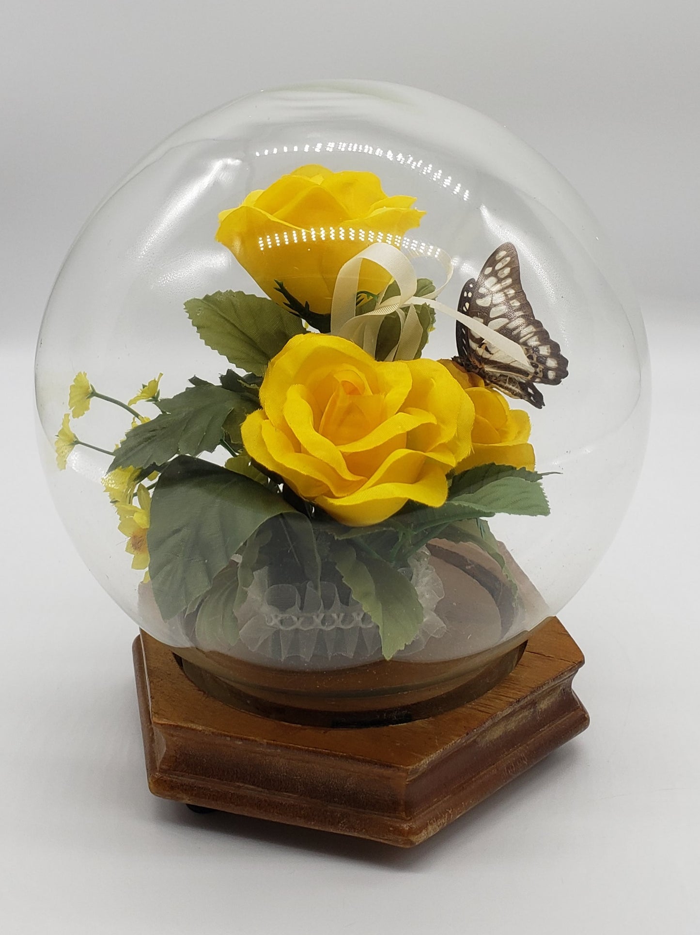 Faux Floral and Butterfly Dome Terrarium