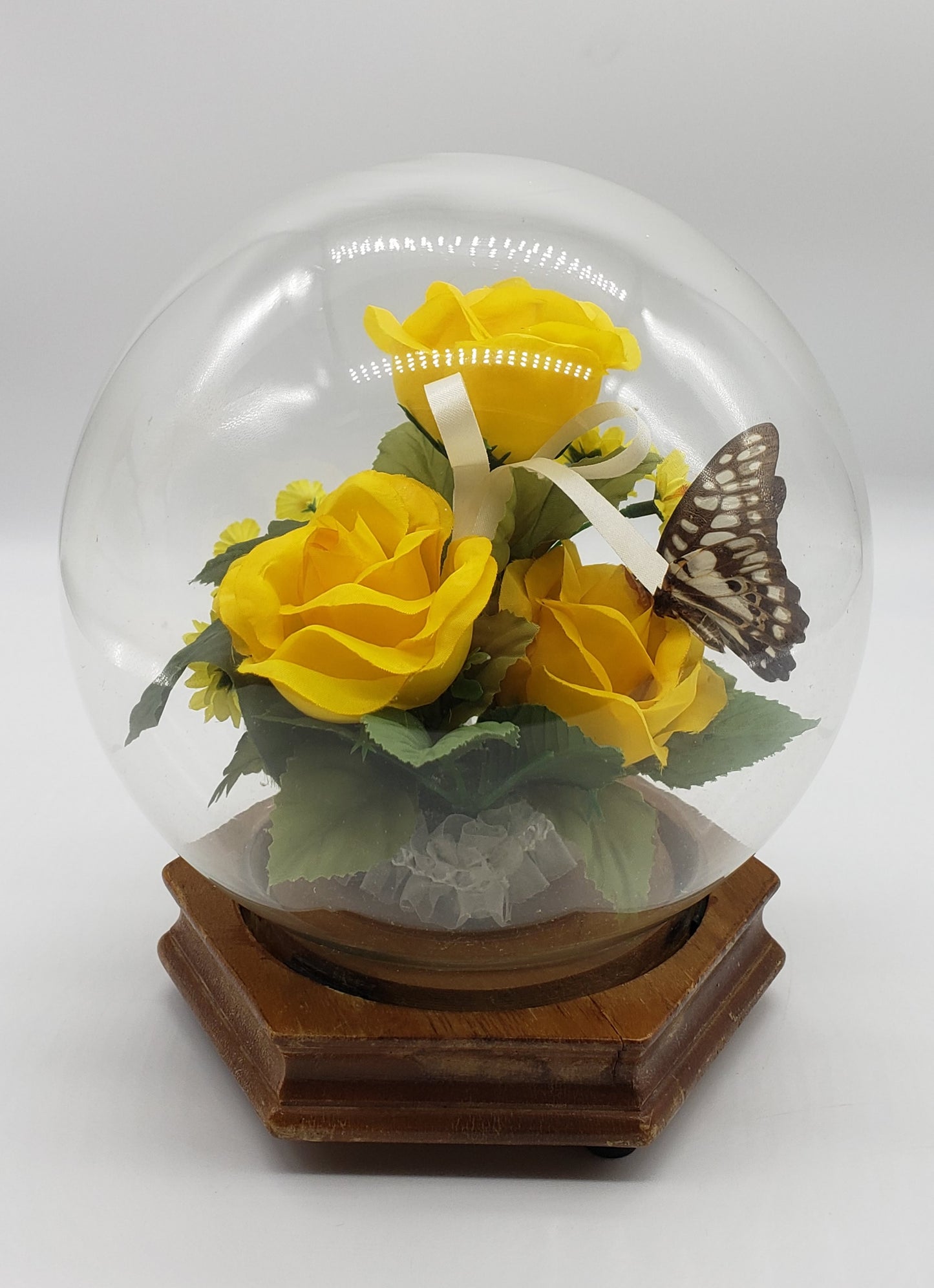 Faux Floral and Butterfly Dome Terrarium