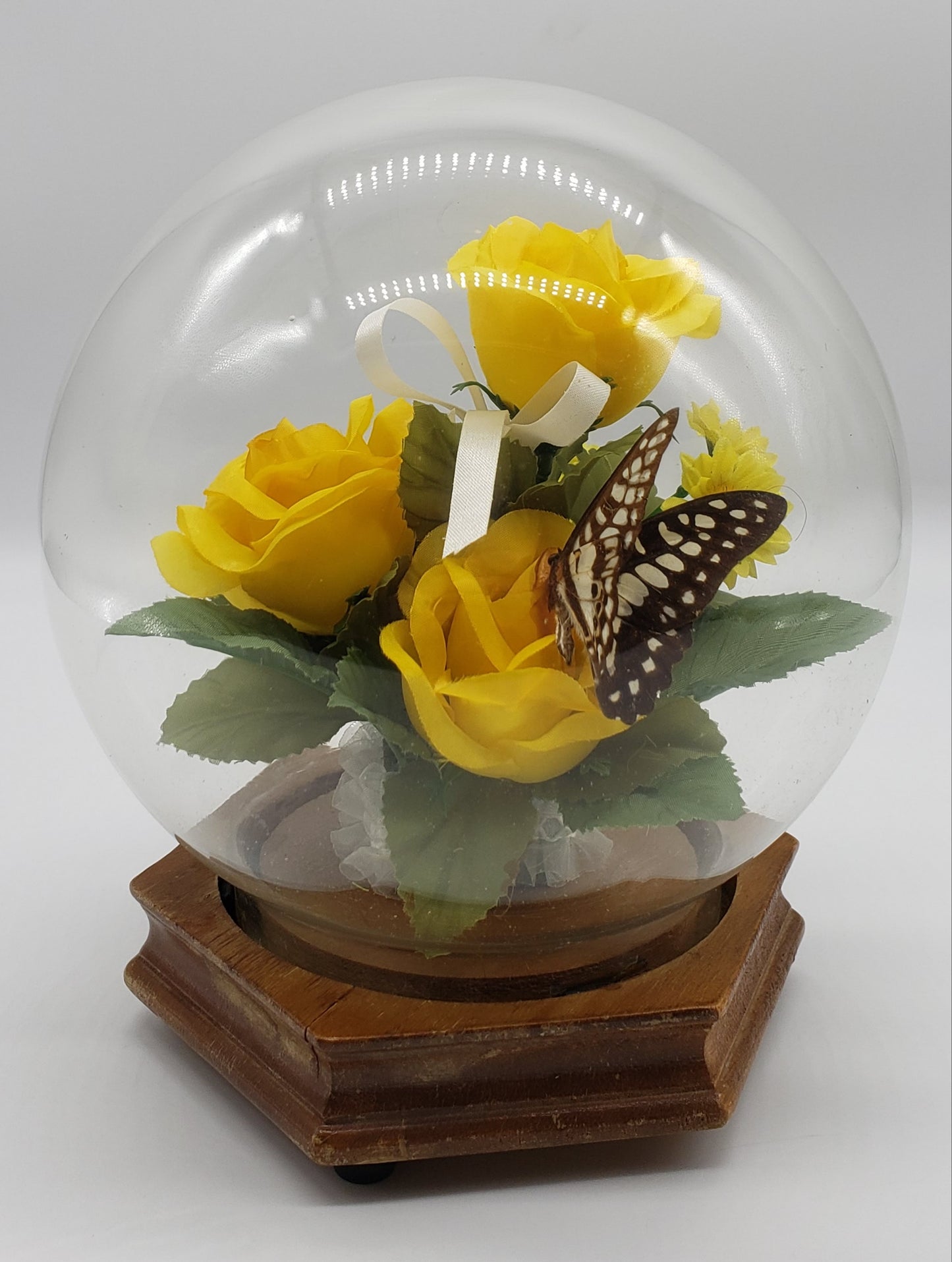 Faux Floral and Butterfly Dome Terrarium