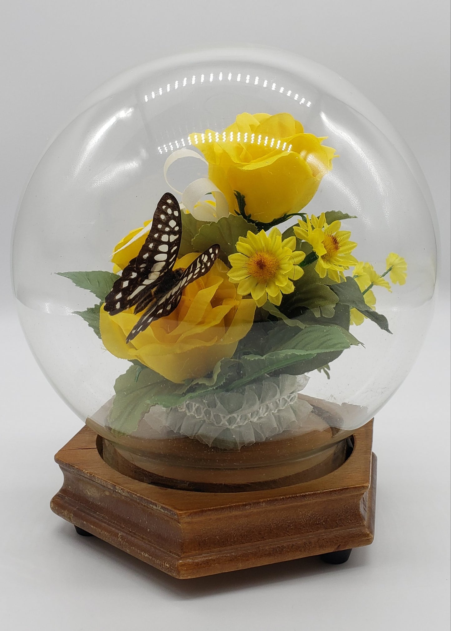 Faux Floral and Butterfly Dome Terrarium