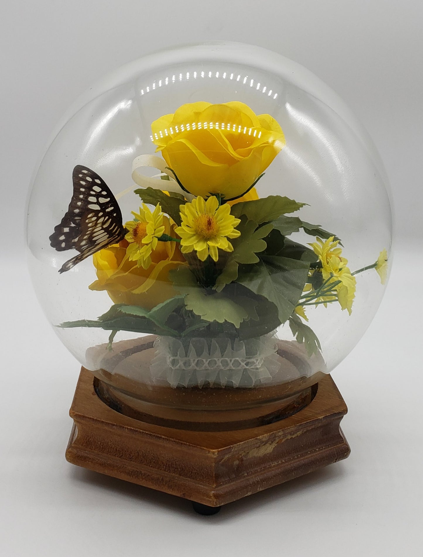 Faux Floral and Butterfly Dome Terrarium