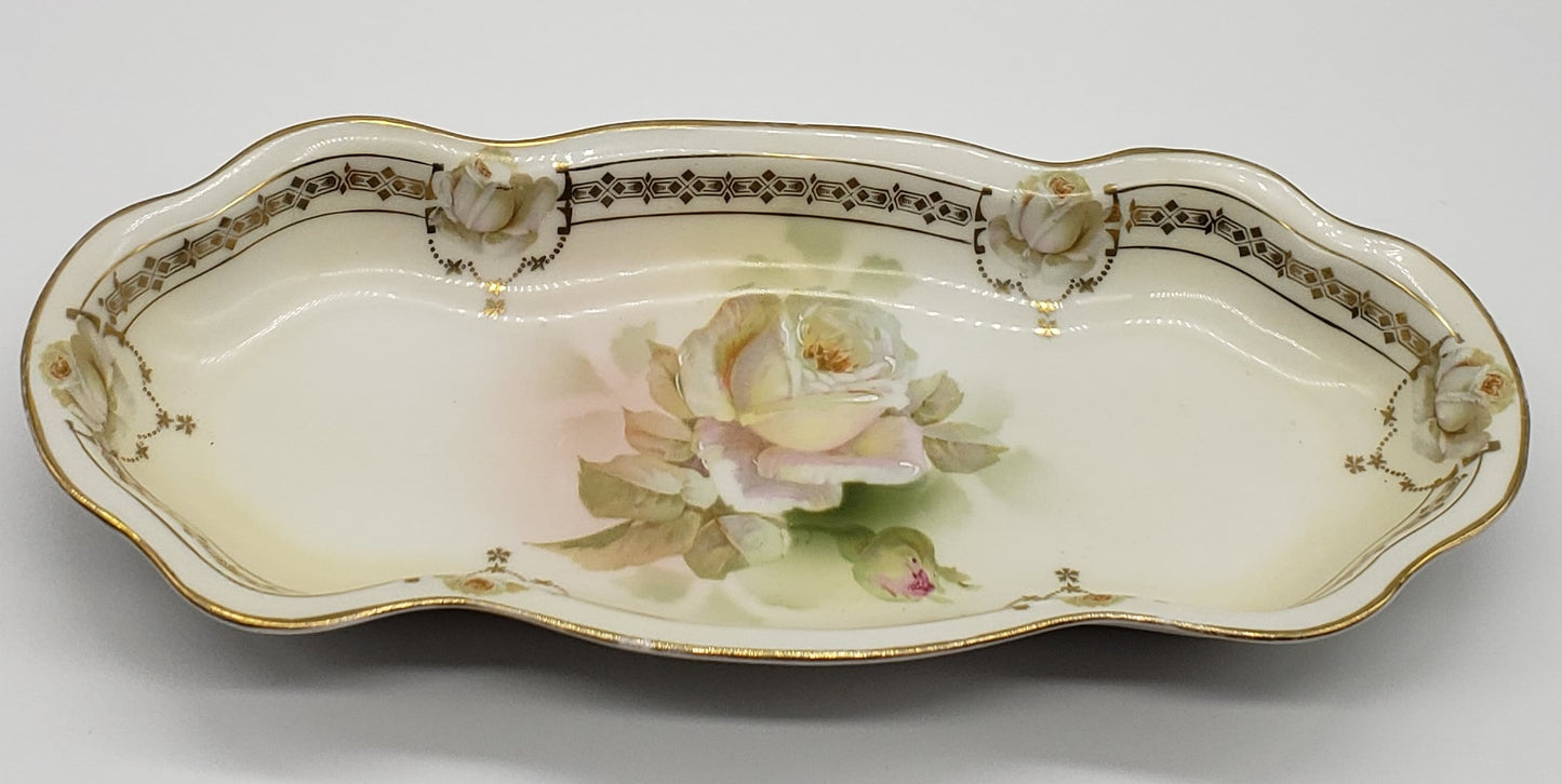 Royal Rudolstadt Prussia Rose Floral Vanity Tray Dish Marked Crown B Prussia