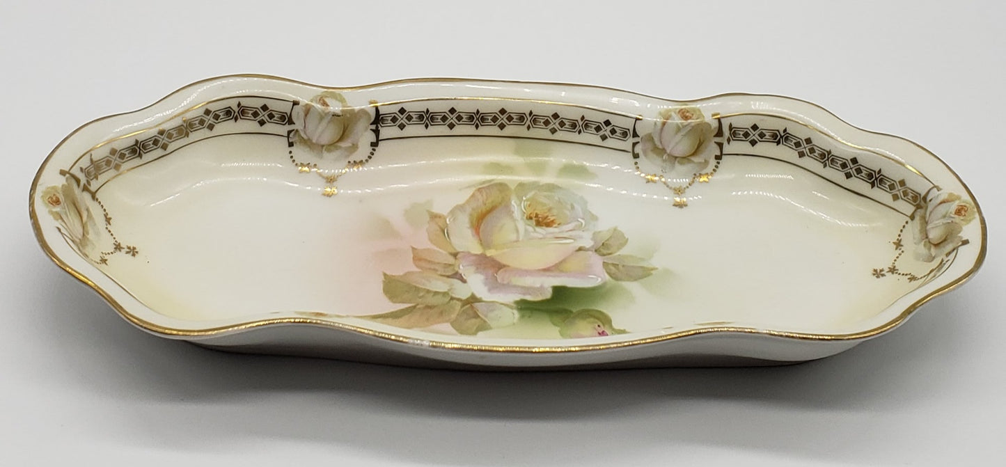 Royal Rudolstadt Prussia Rose Floral Vanity Tray Dish Marked Crown B Prussia