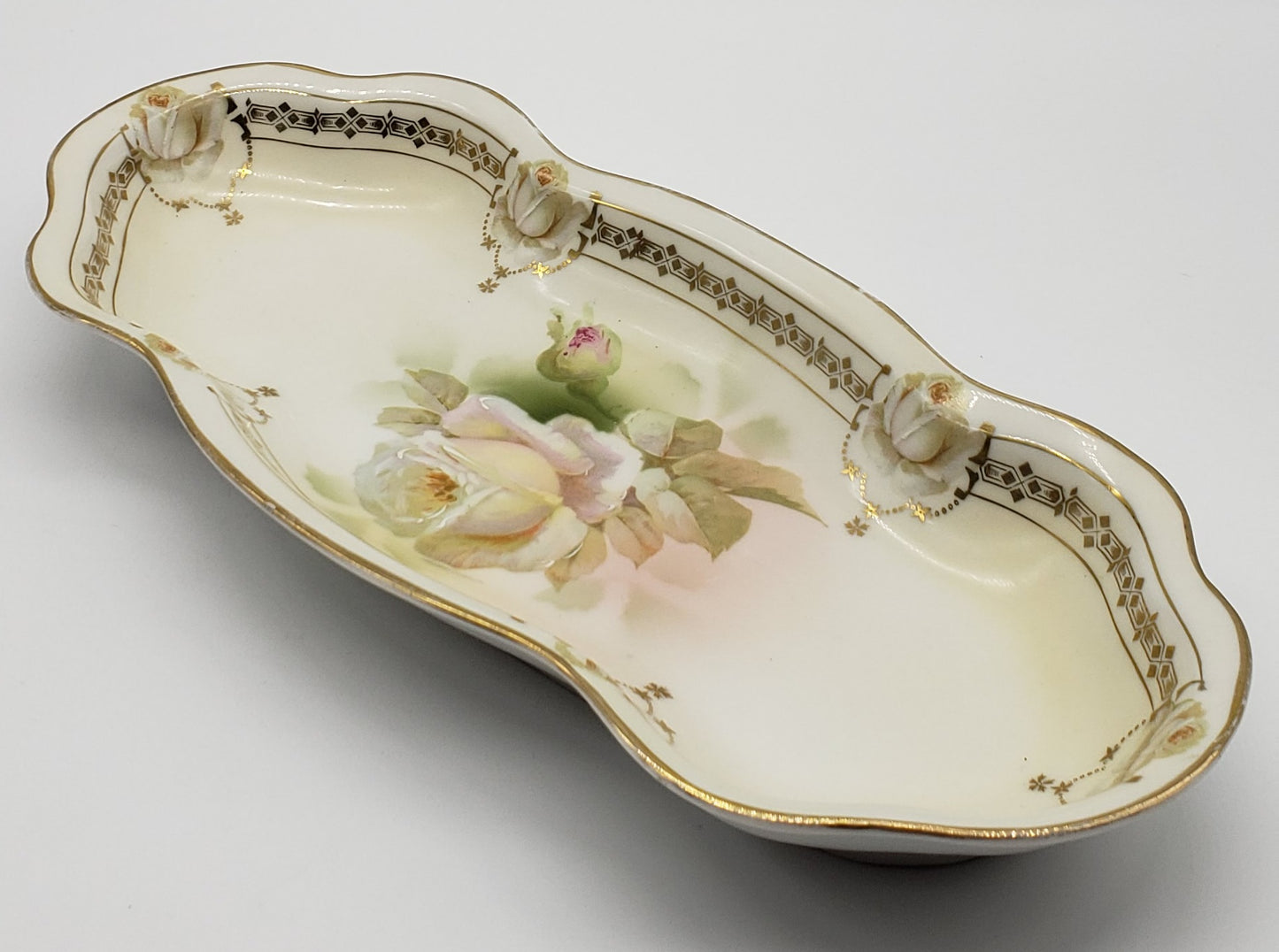 Royal Rudolstadt Prussia Rose Floral Vanity Tray Dish Marked Crown B Prussia