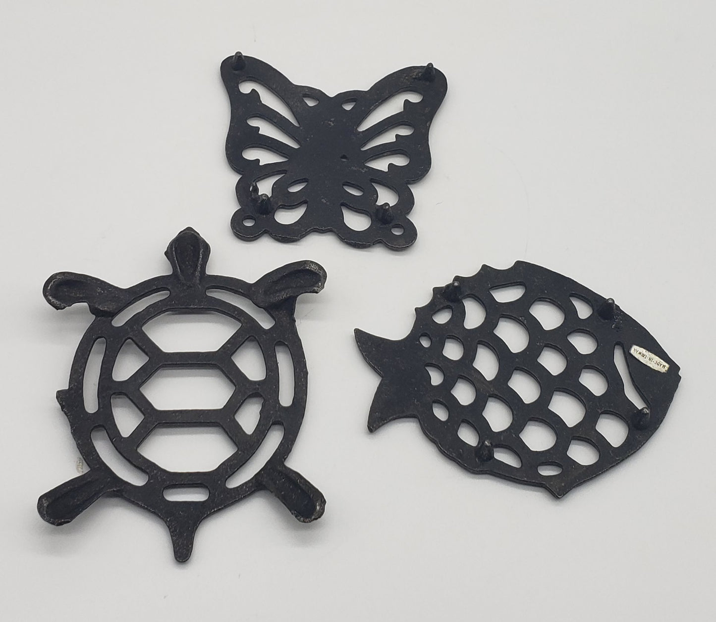 Set of three metal trivets - petite size - butterfly, fish, turtle