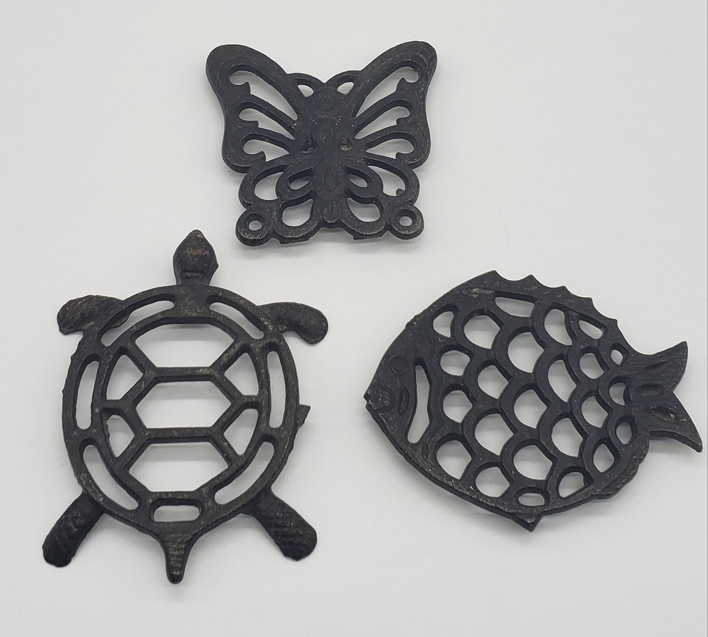 Set of three metal trivets - petite size - butterfly, fish, turtle