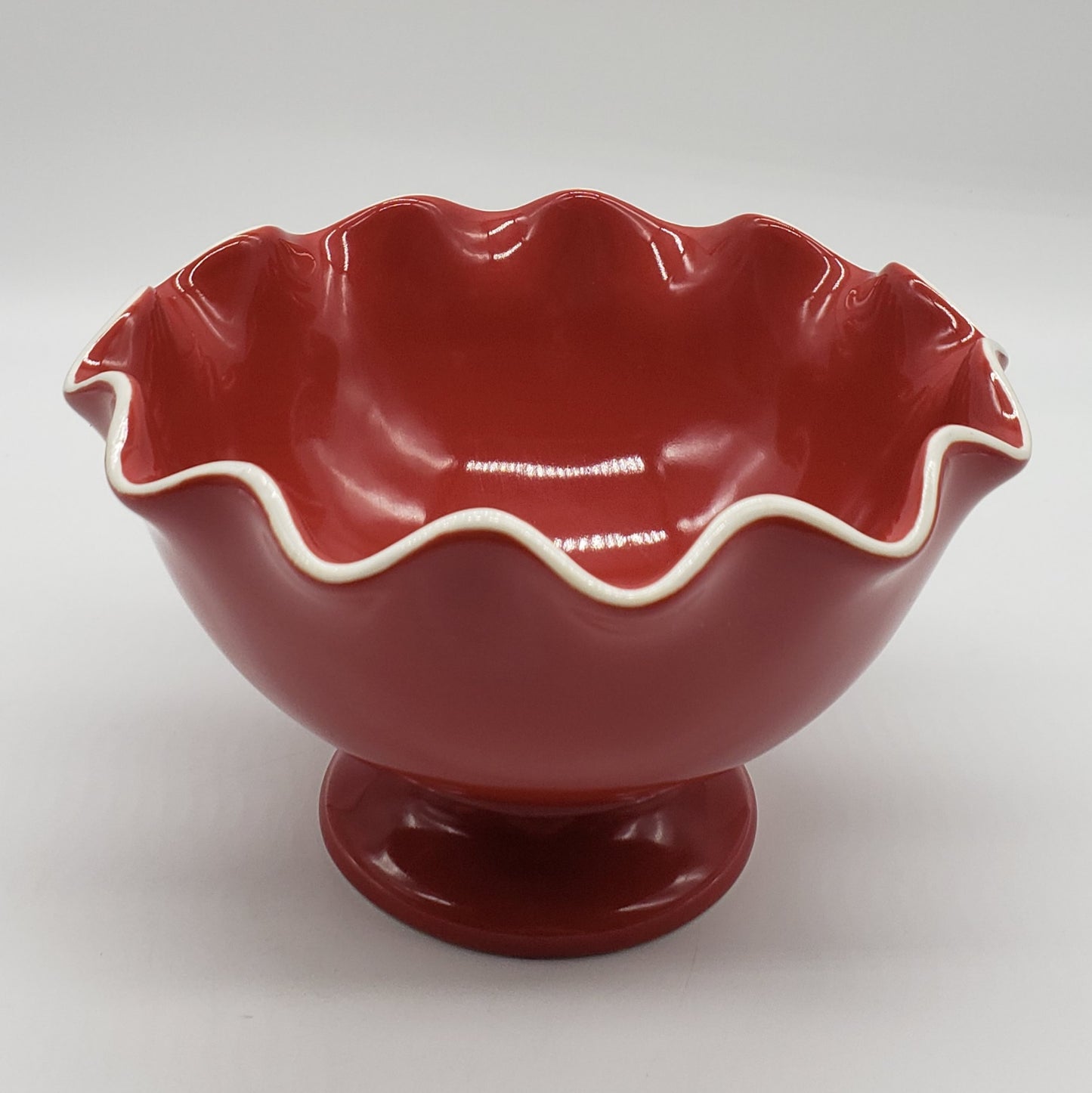 Longaberger Pottery Red Fluted Pedestal Bowl