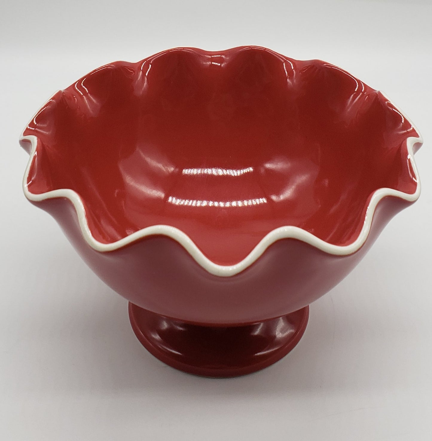 Longaberger Pottery Red Fluted Pedestal Bowl