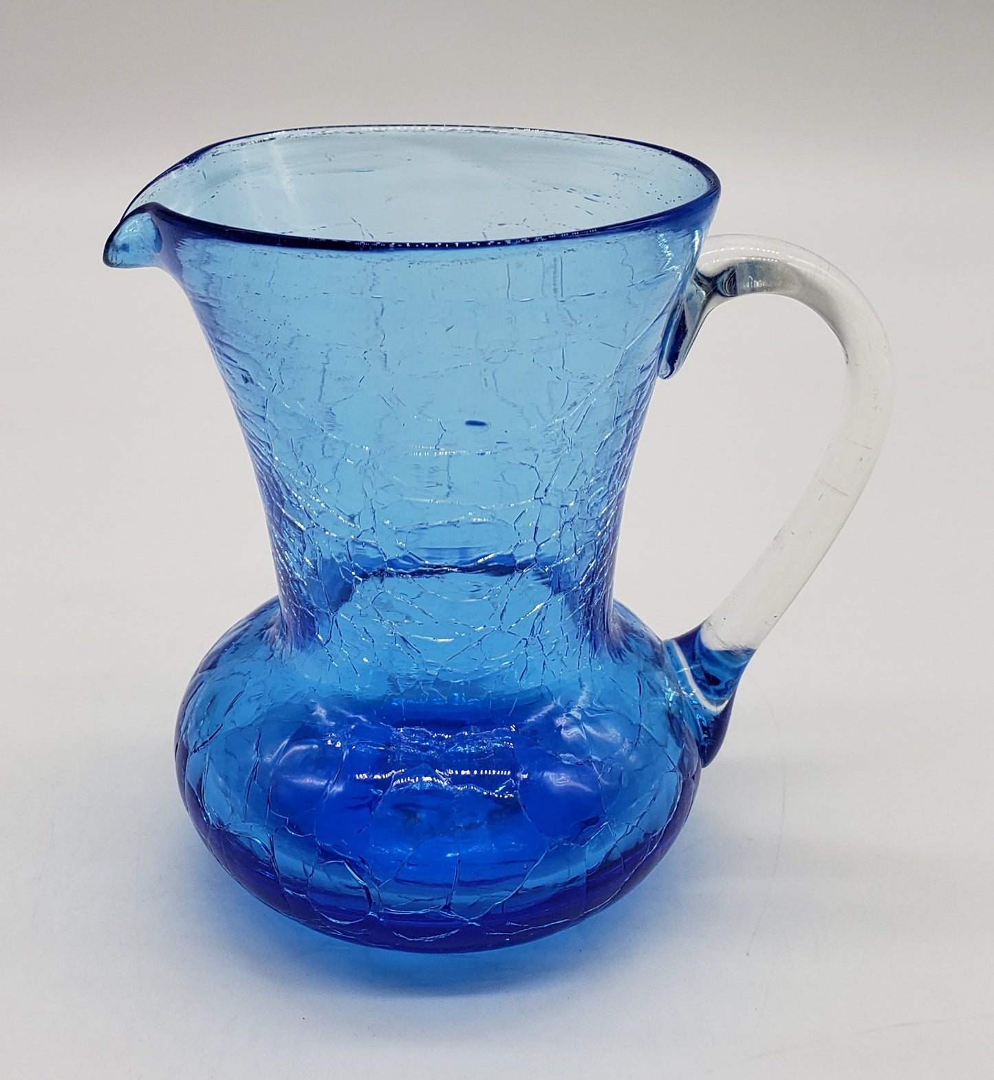 Blue Crackle Glass Pitcher With Clear Applied Handle