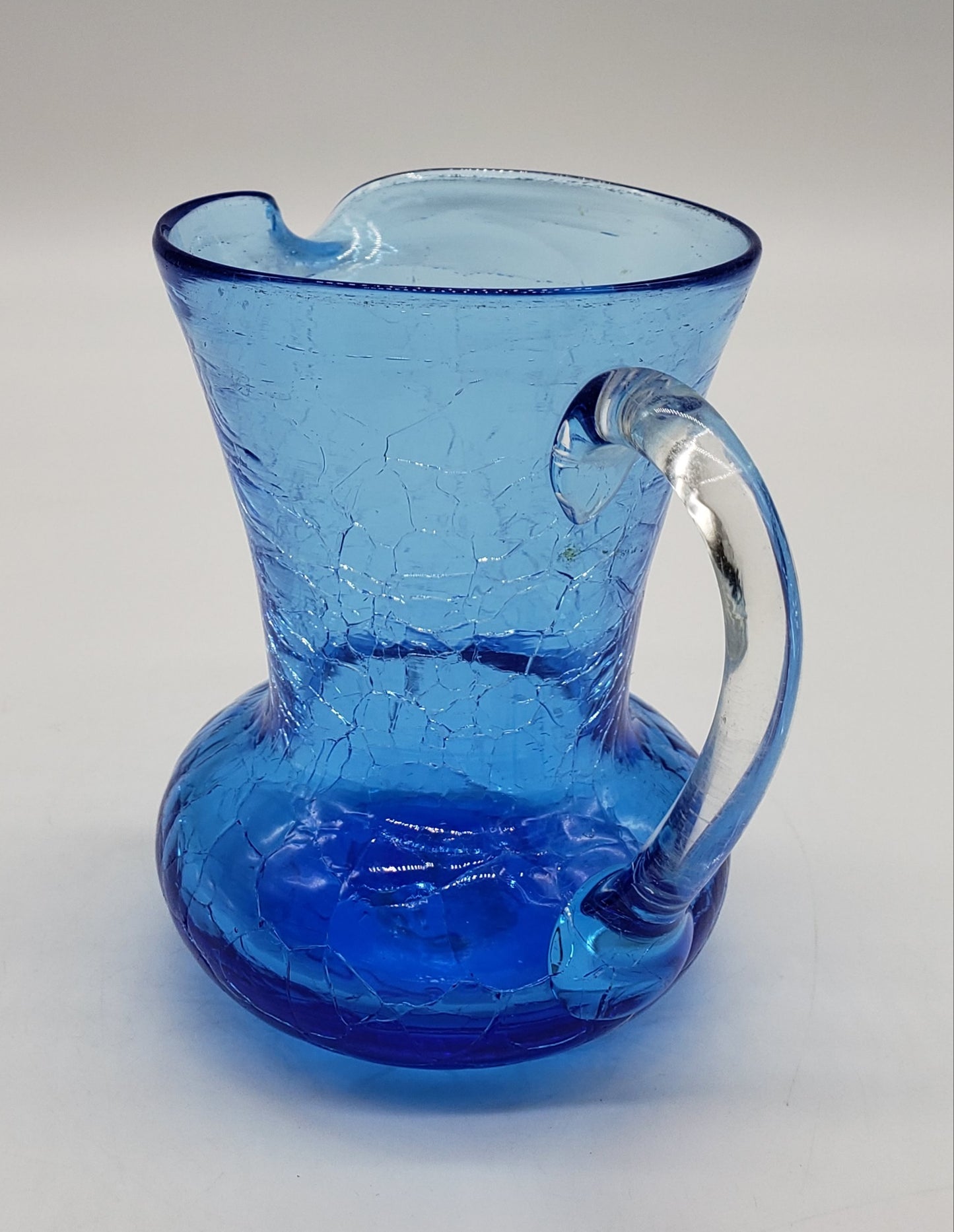 Blue Crackle Glass Pitcher With Clear Applied Handle