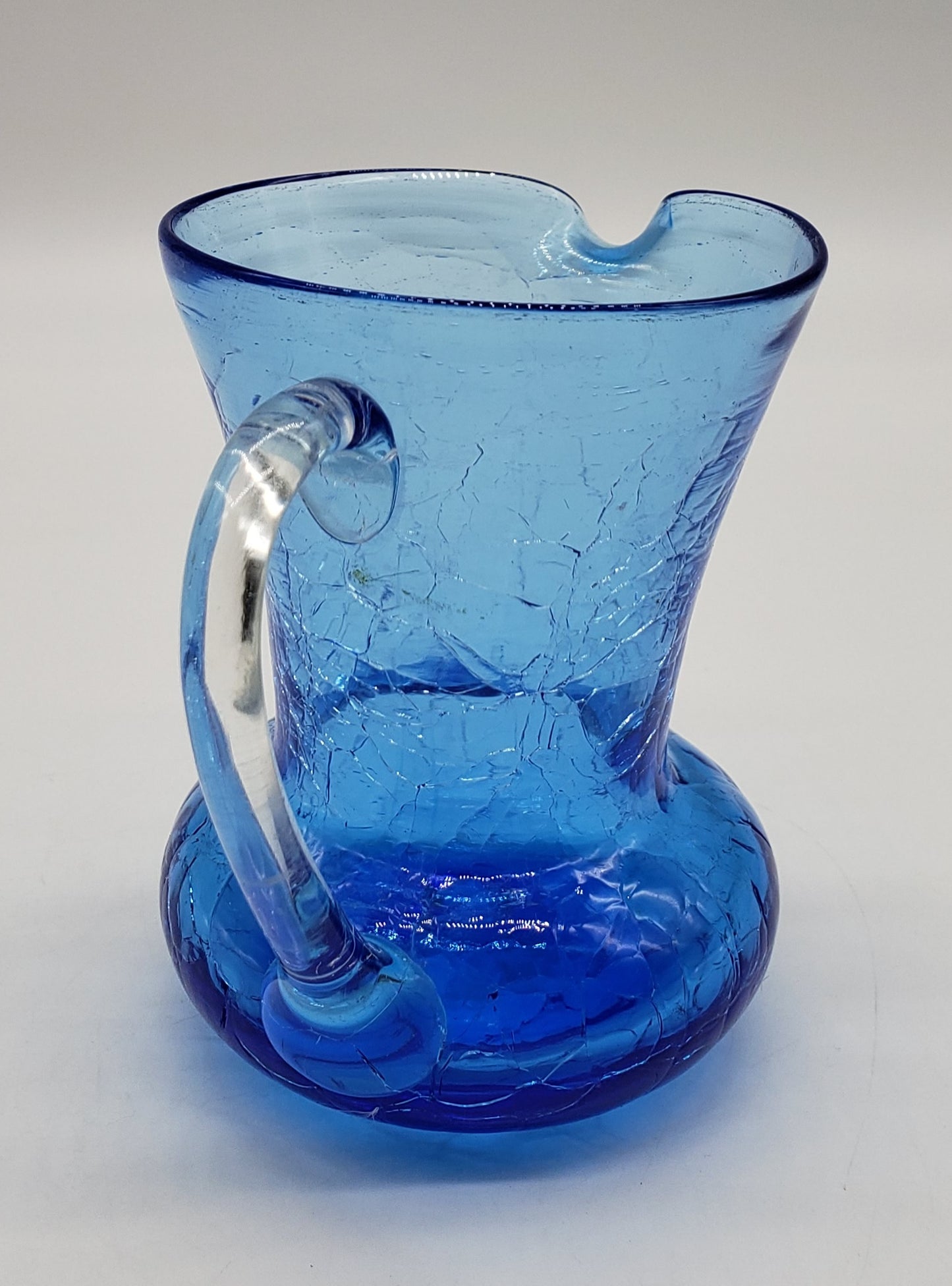 Blue Crackle Glass Pitcher With Clear Applied Handle