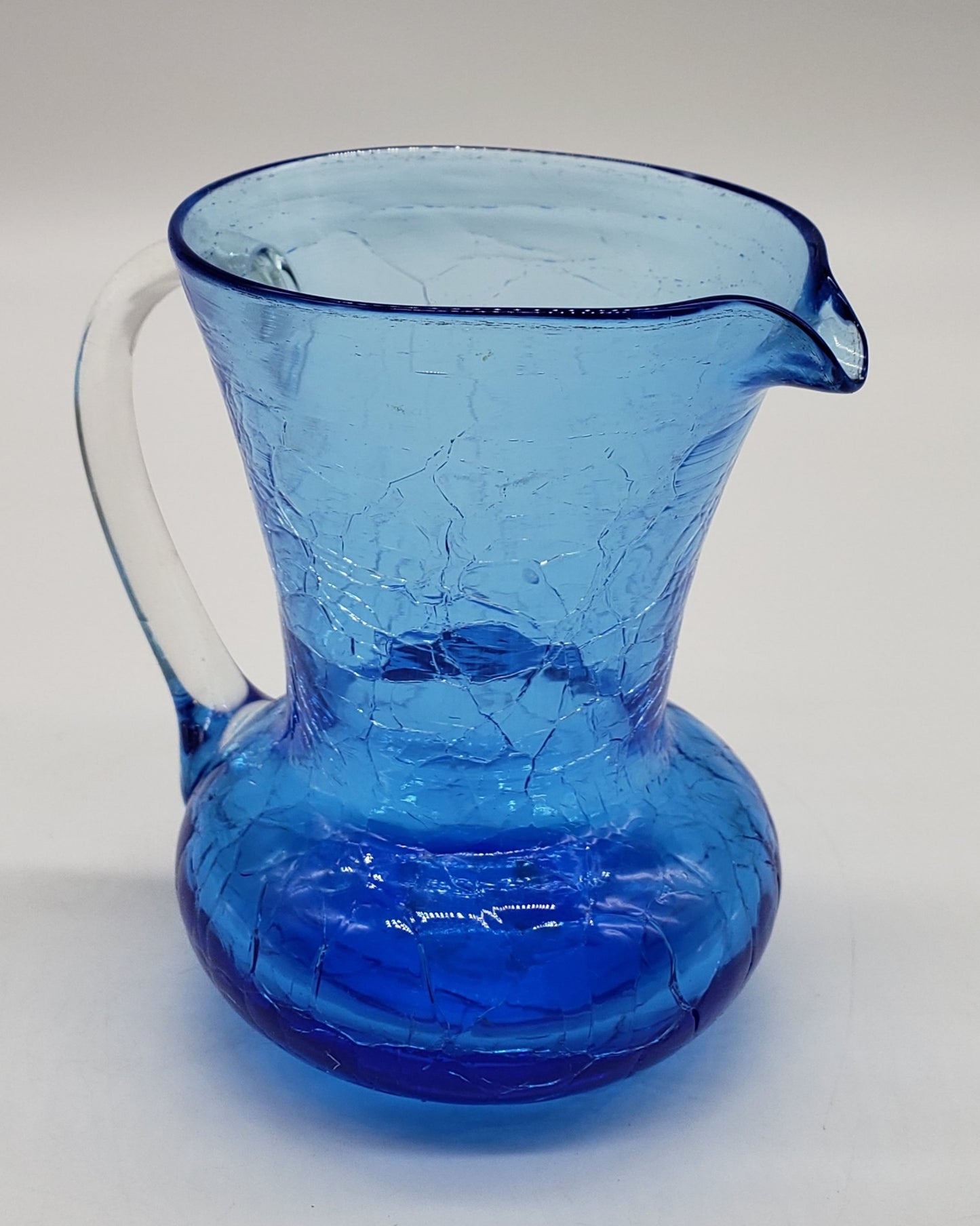 Blue Crackle Glass Pitcher With Clear Applied Handle