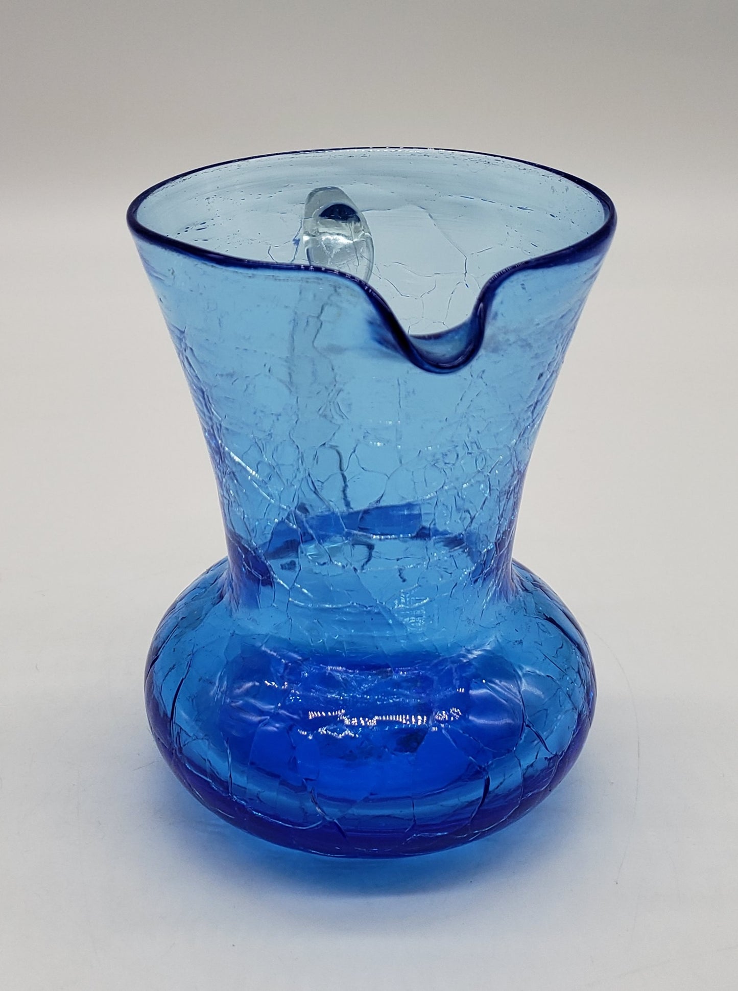 Blue Crackle Glass Pitcher With Clear Applied Handle