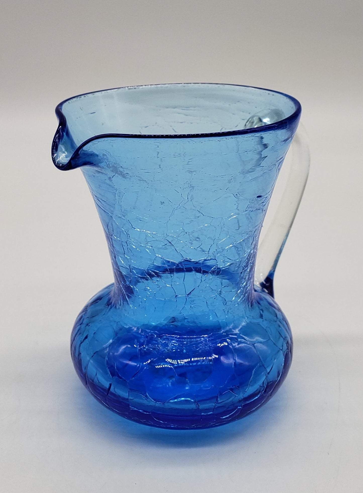 Blue Crackle Glass Pitcher With Clear Applied Handle