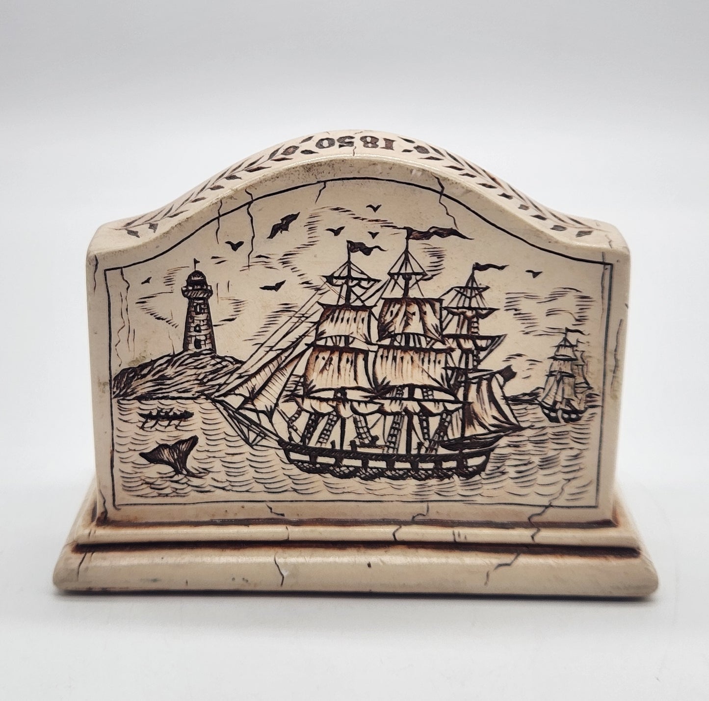 Vintage Scrimshaw Clipper Ship Resin Business Card Holder