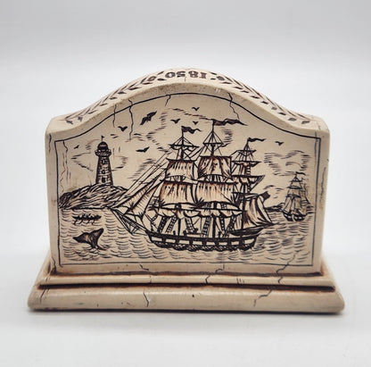 Vintage Scrimshaw Clipper Ship Resin Business Card Holder