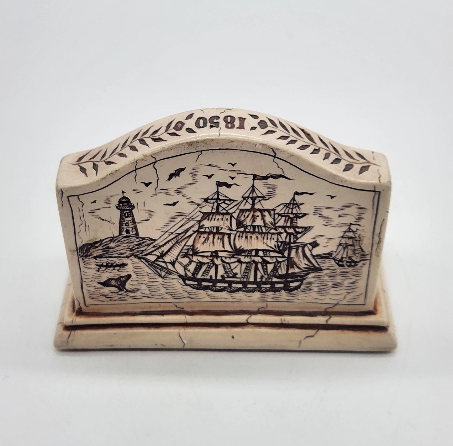 Vintage Scrimshaw Clipper Ship Resin Business Card Holder