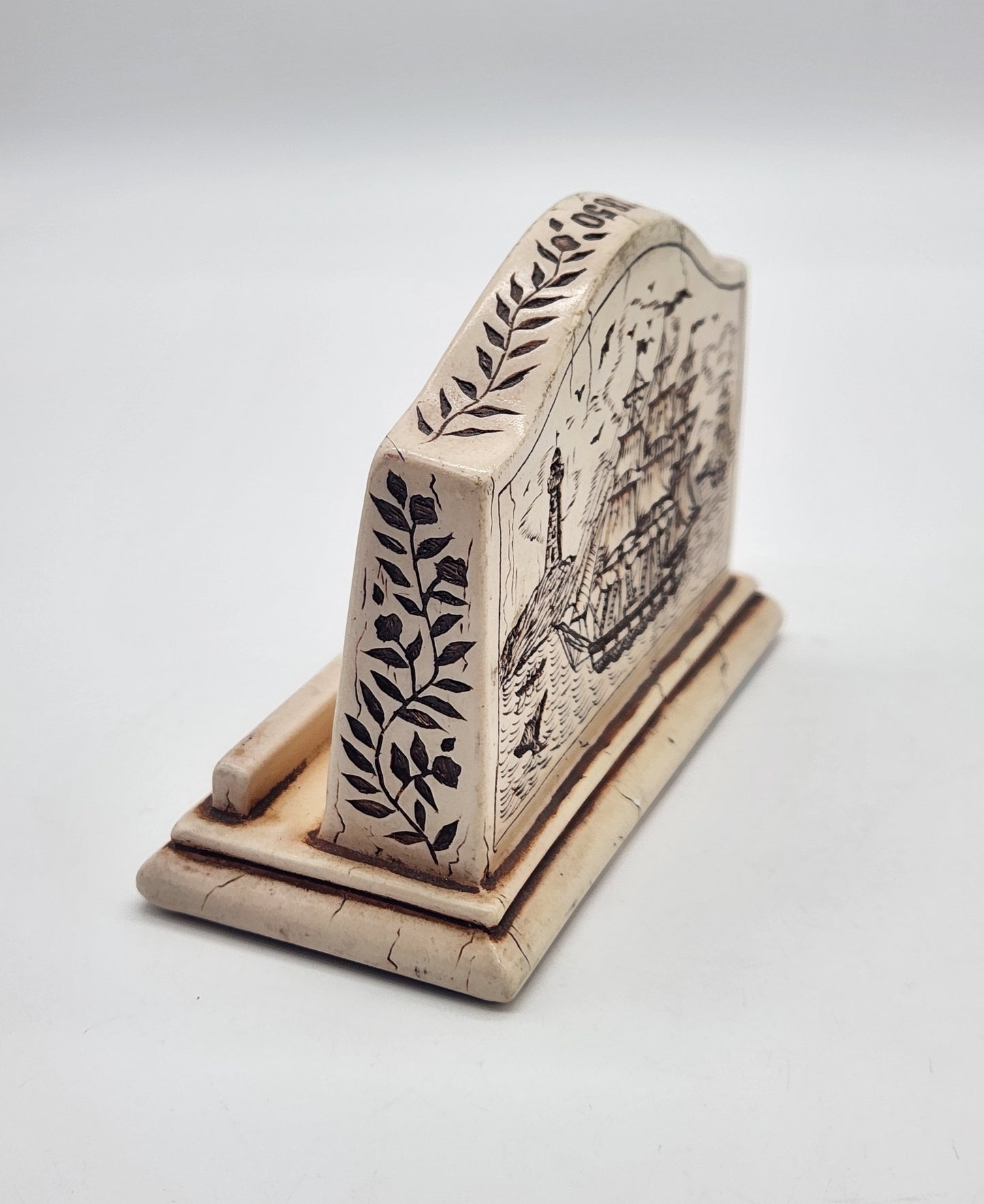 Vintage Scrimshaw Clipper Ship Resin Business Card Holder