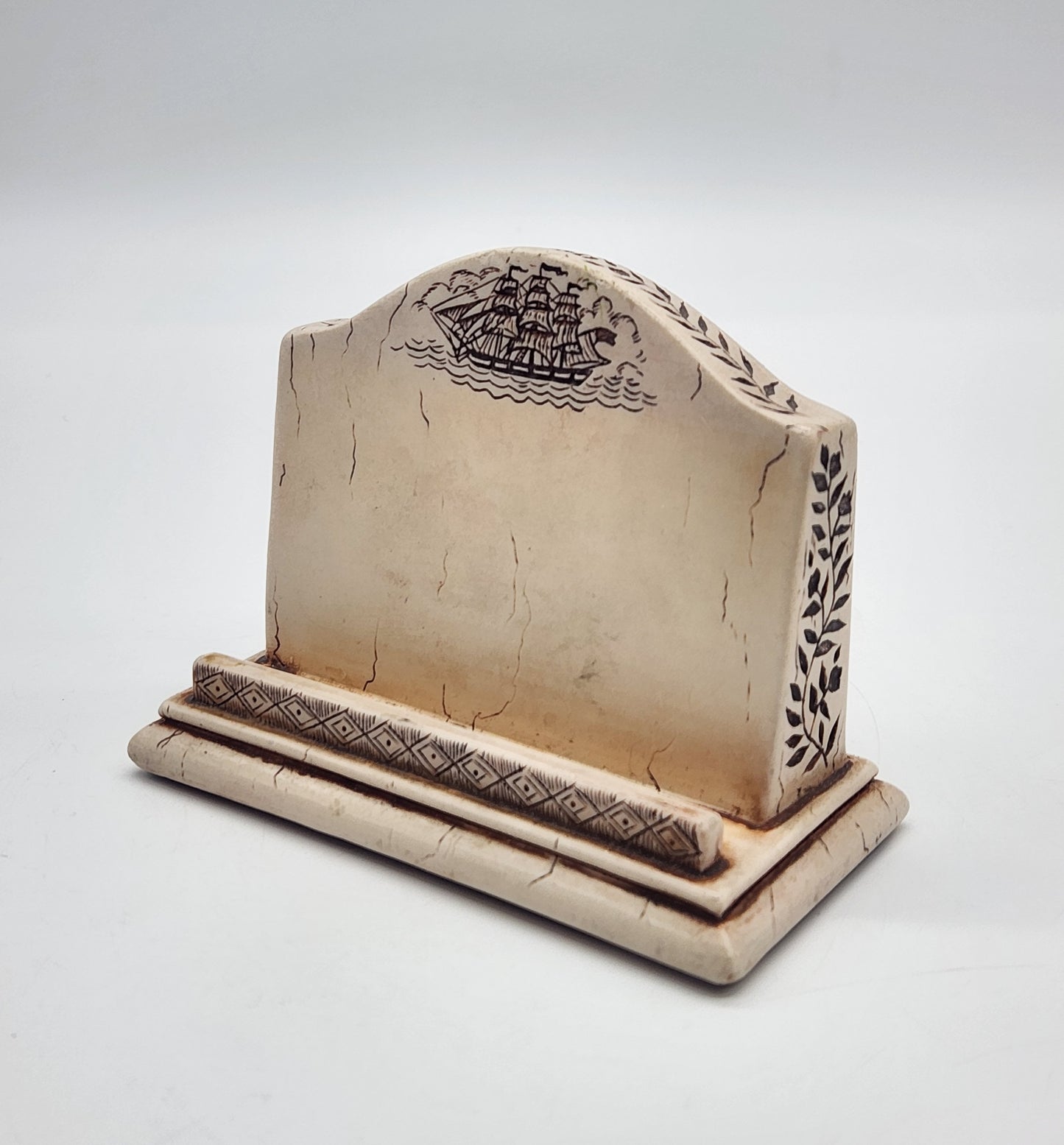 Vintage Scrimshaw Clipper Ship Resin Business Card Holder