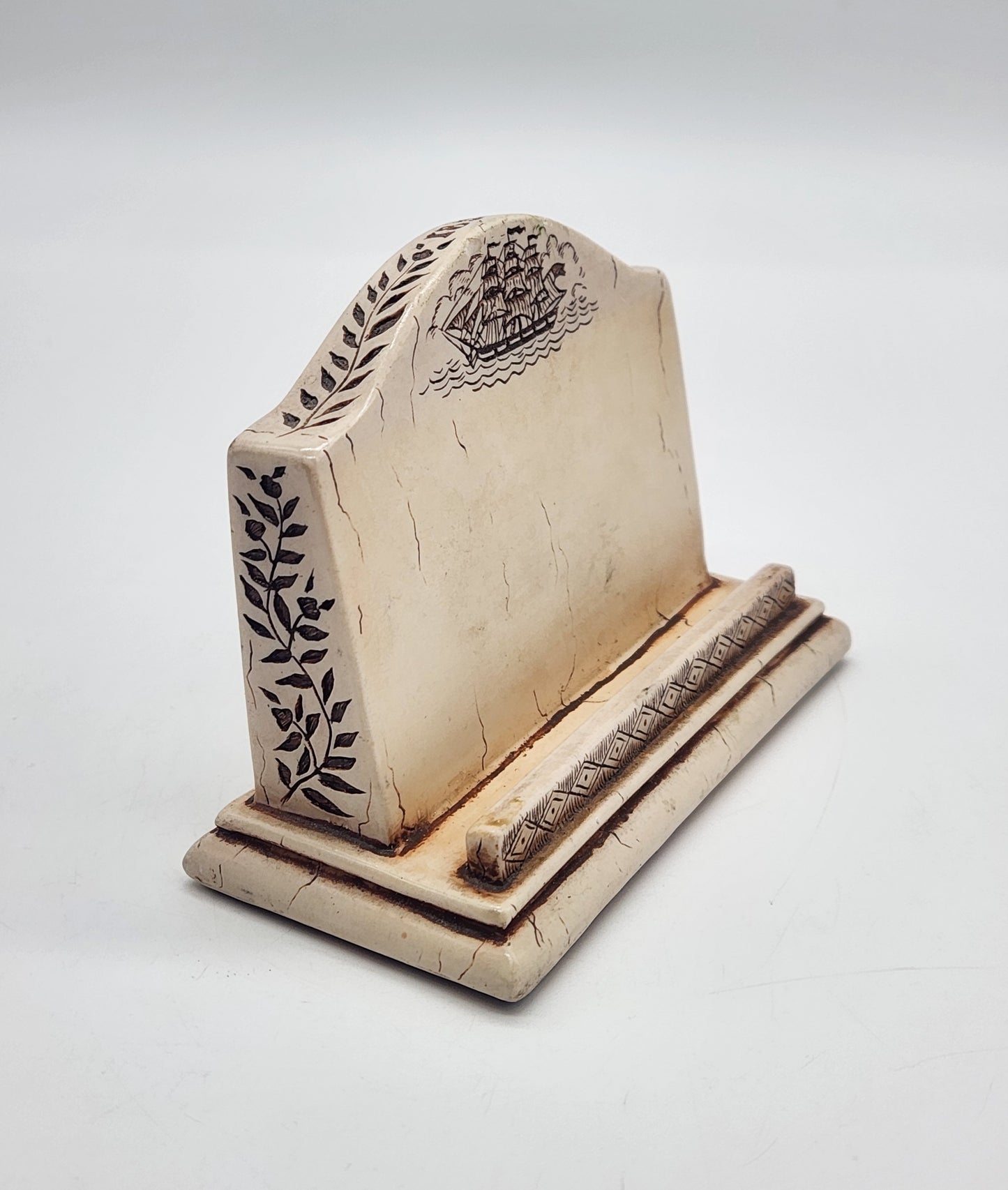 Vintage Scrimshaw Clipper Ship Resin Business Card Holder