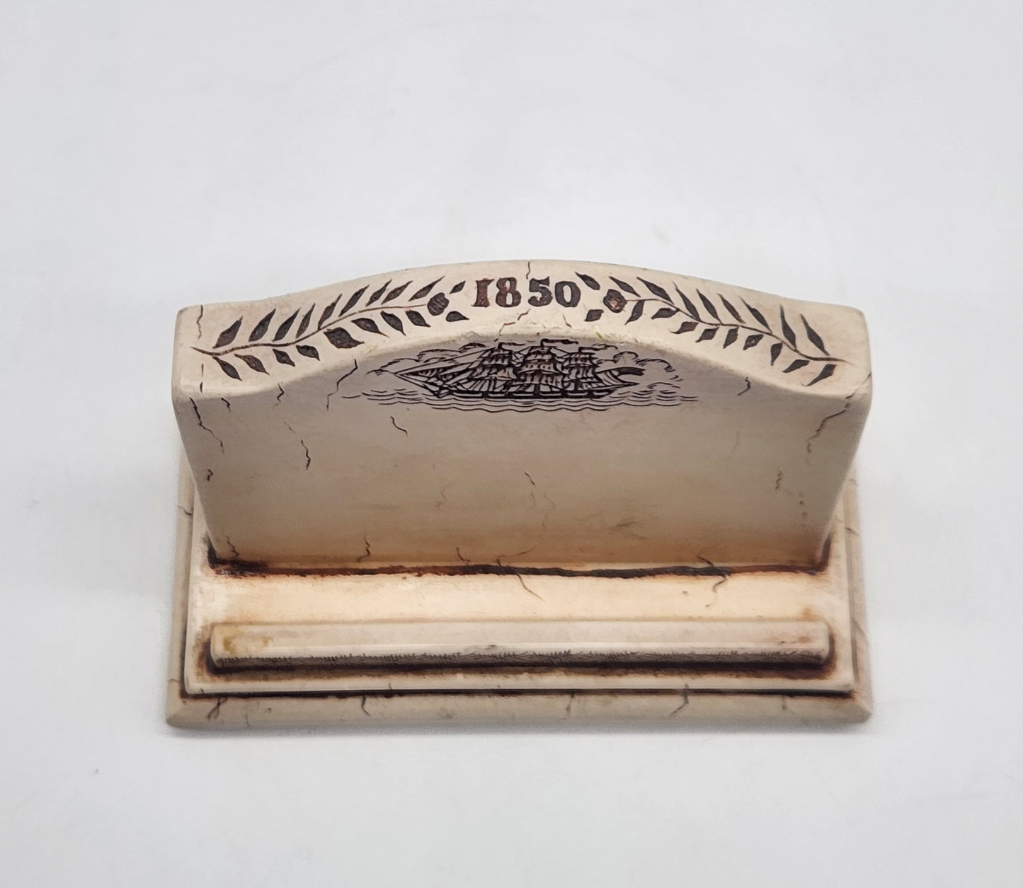 Vintage Scrimshaw Clipper Ship Resin Business Card Holder