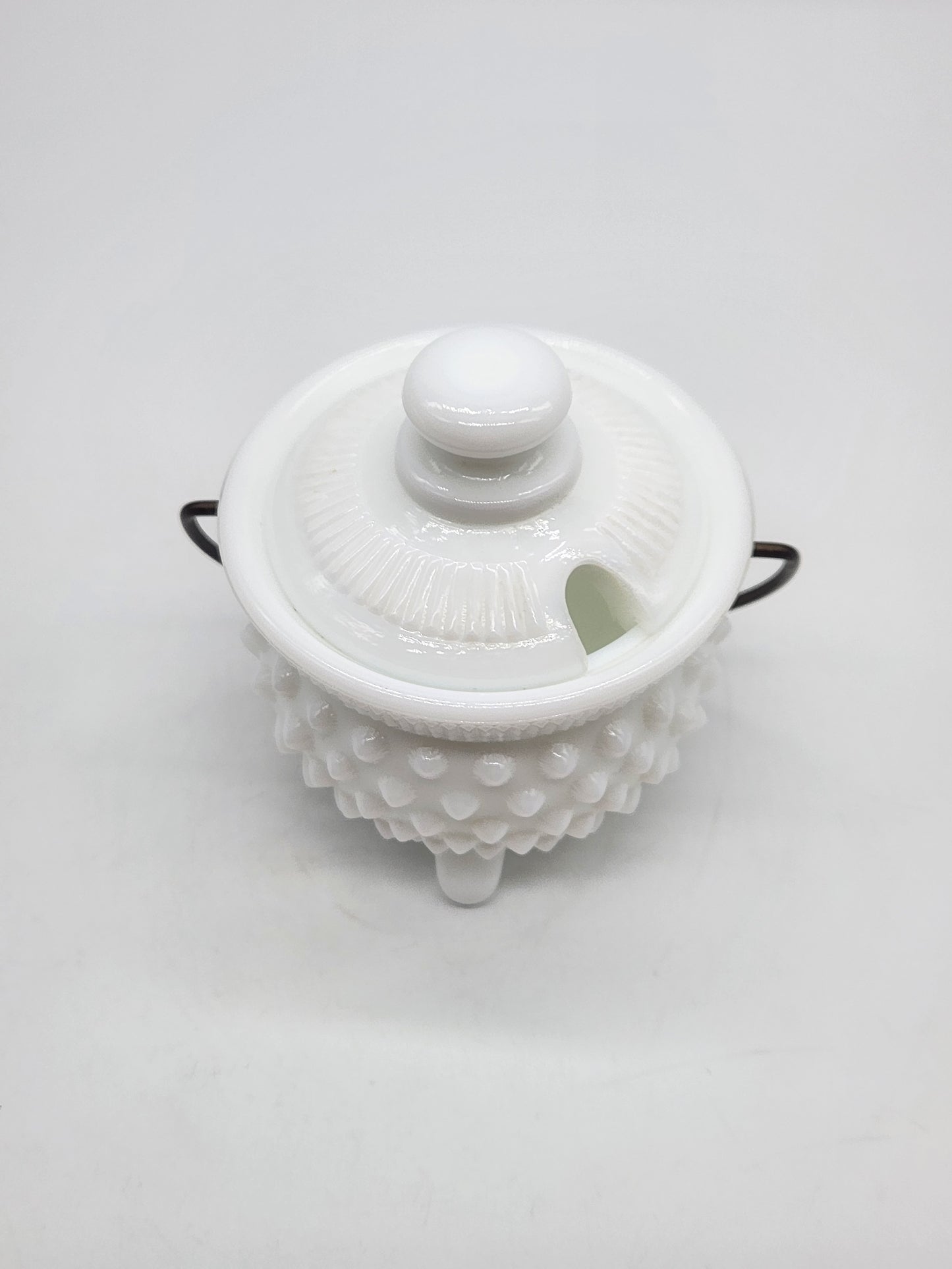 Vintage Fenton Milk Glass HOBNAIL Mustard Kettle