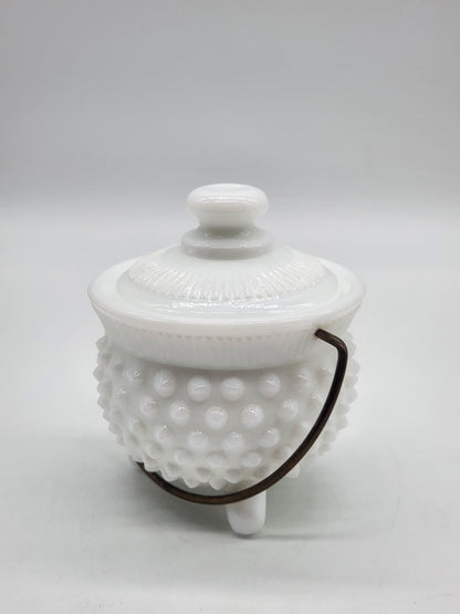 Vintage Fenton Milk Glass HOBNAIL Mustard Kettle