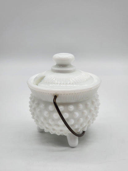 Vintage Fenton Milk Glass HOBNAIL Mustard Kettle