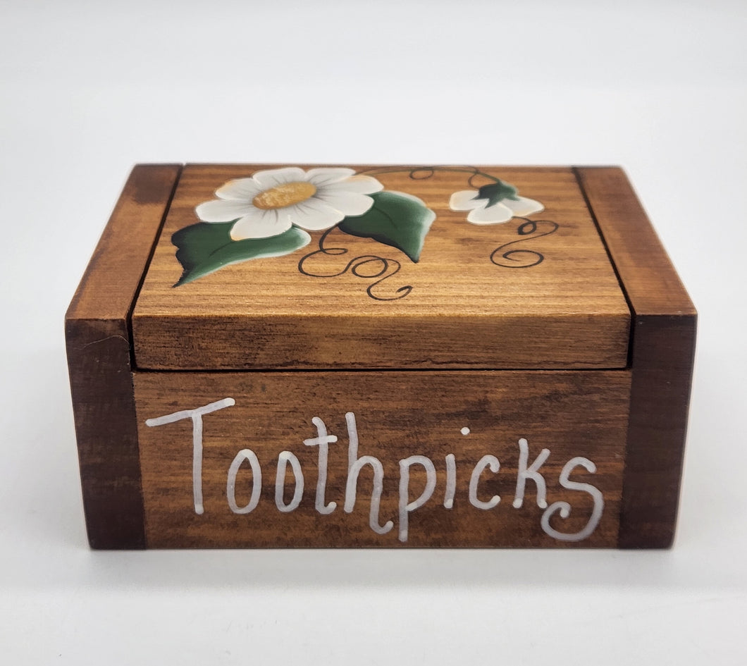 Wooden Toothpick Box White Flowers, Hinged