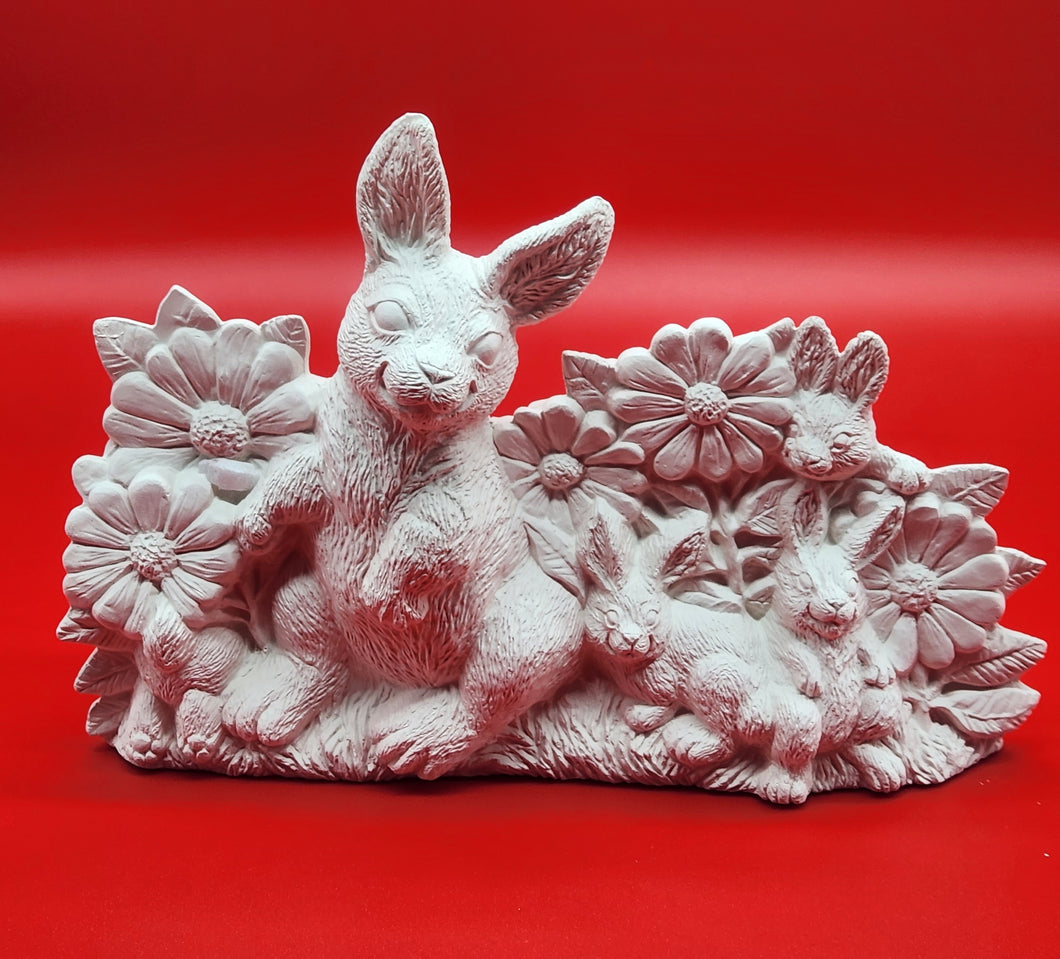 Bisque Rabbit with Flower Scene - Unpainted