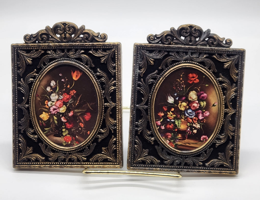 Vintage Metal Frames | Vintage Miniature Art | Victorian Flower Art Set of 2 - Made in Italy