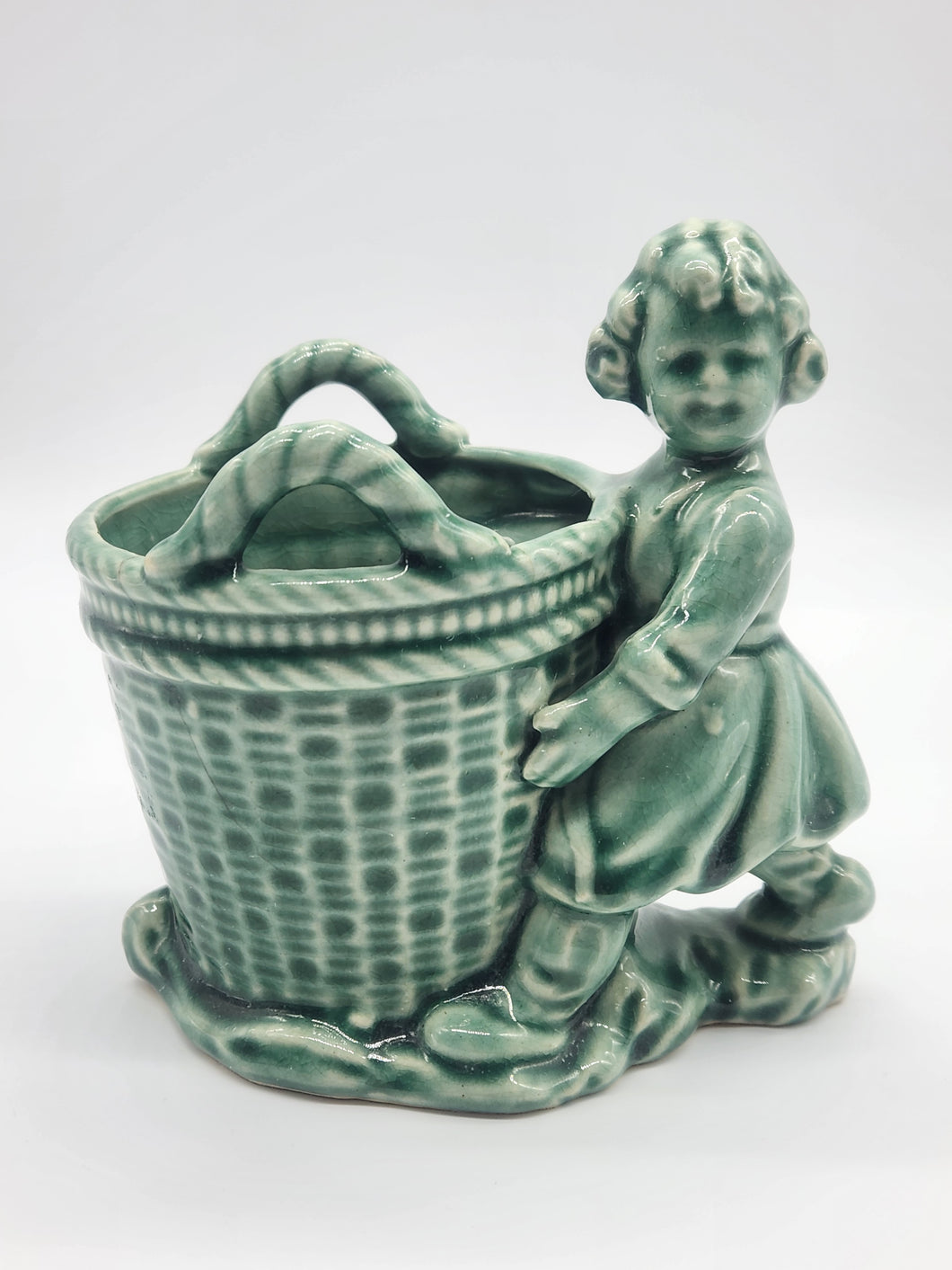 Vintage Pottery Planter, Vase, Pencil Holder Girl With A Basket