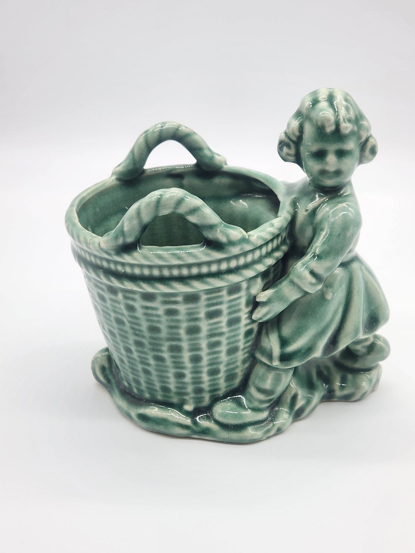 Vintage Pottery Planter, Vase, Pencil Holder Girl With A Basket