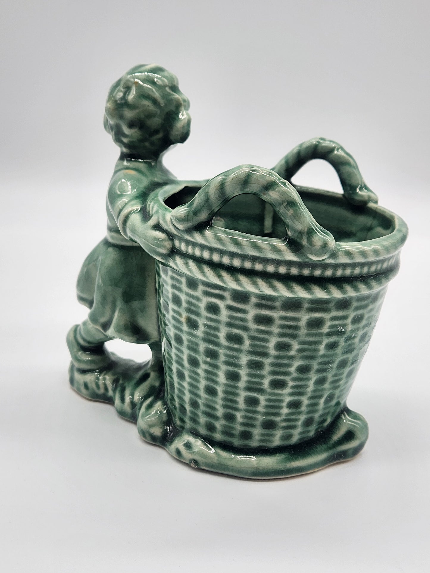 Vintage Pottery Planter, Vase, Pencil Holder Girl With A Basket