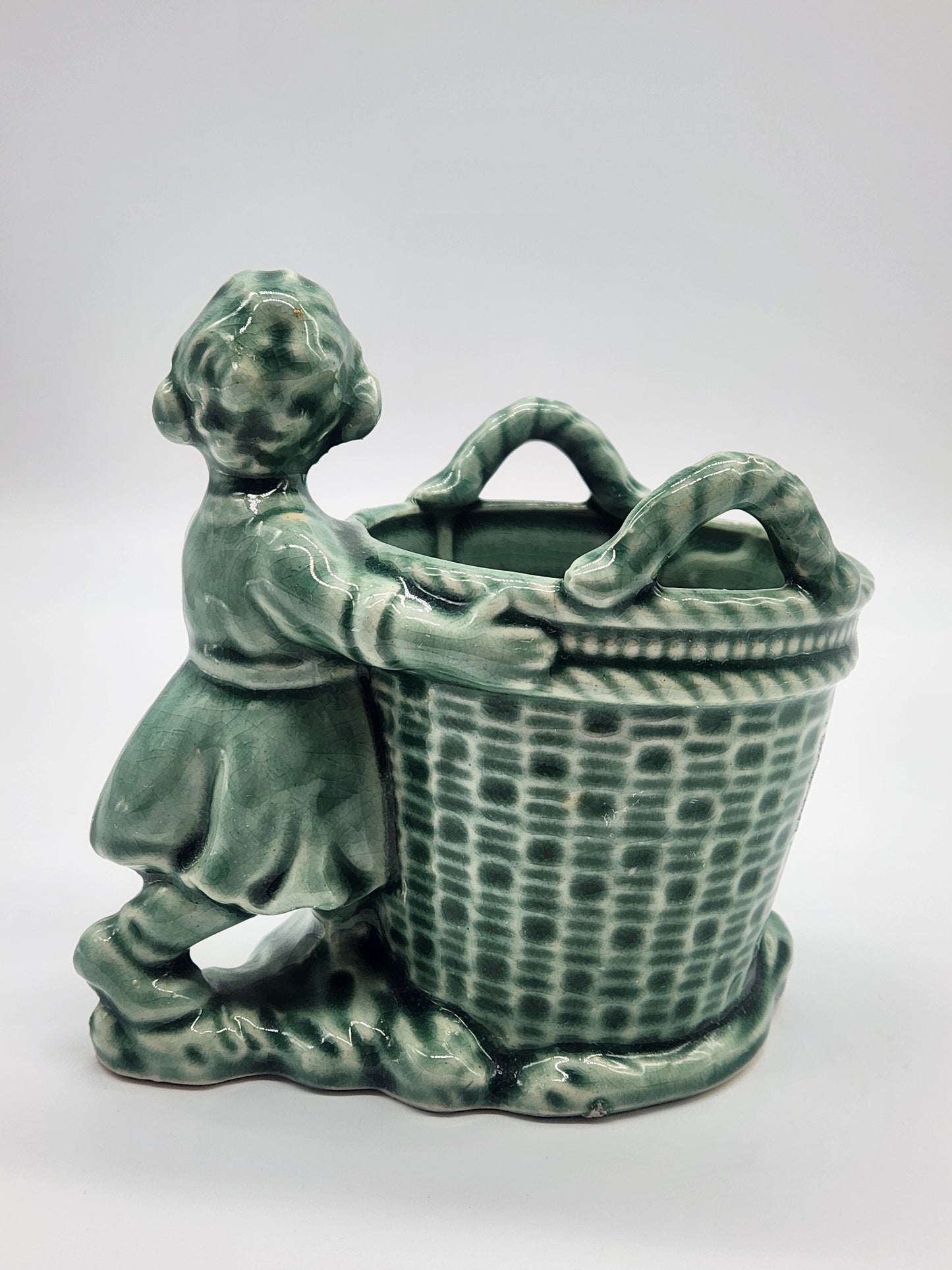 Vintage Pottery Planter, Vase, Pencil Holder Girl With A Basket