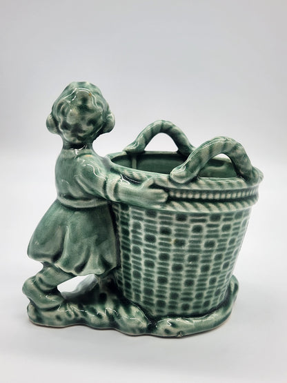 Vintage Pottery Planter, Vase, Pencil Holder Girl With A Basket