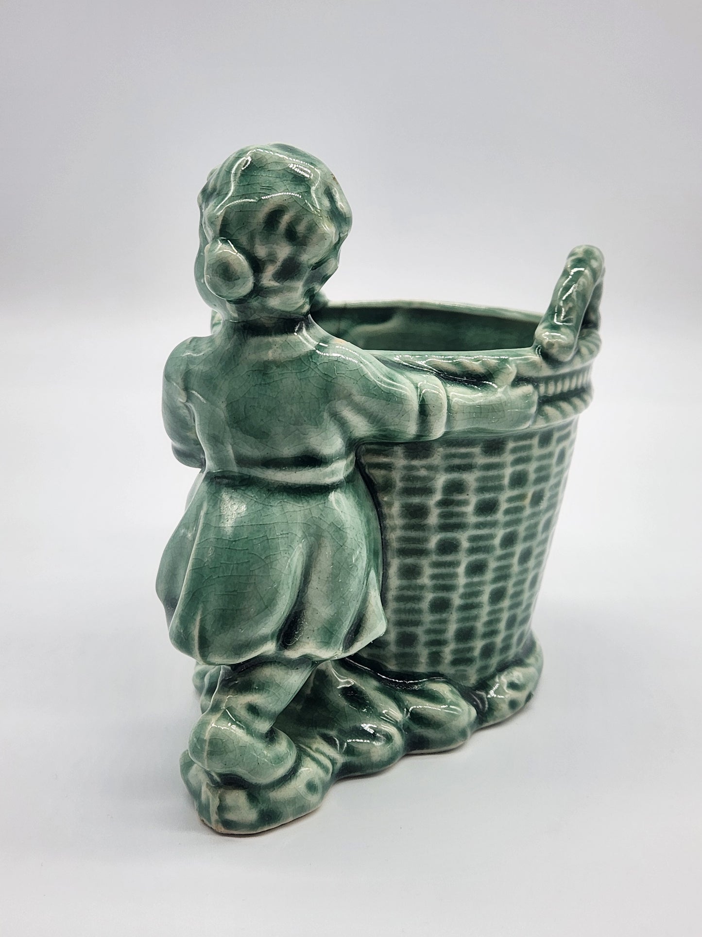 Vintage Pottery Planter, Vase, Pencil Holder Girl With A Basket