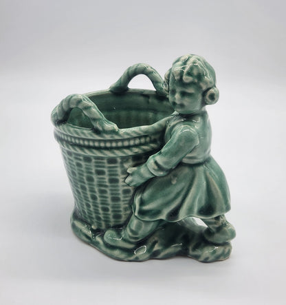 Vintage Pottery Planter, Vase, Pencil Holder Girl With A Basket