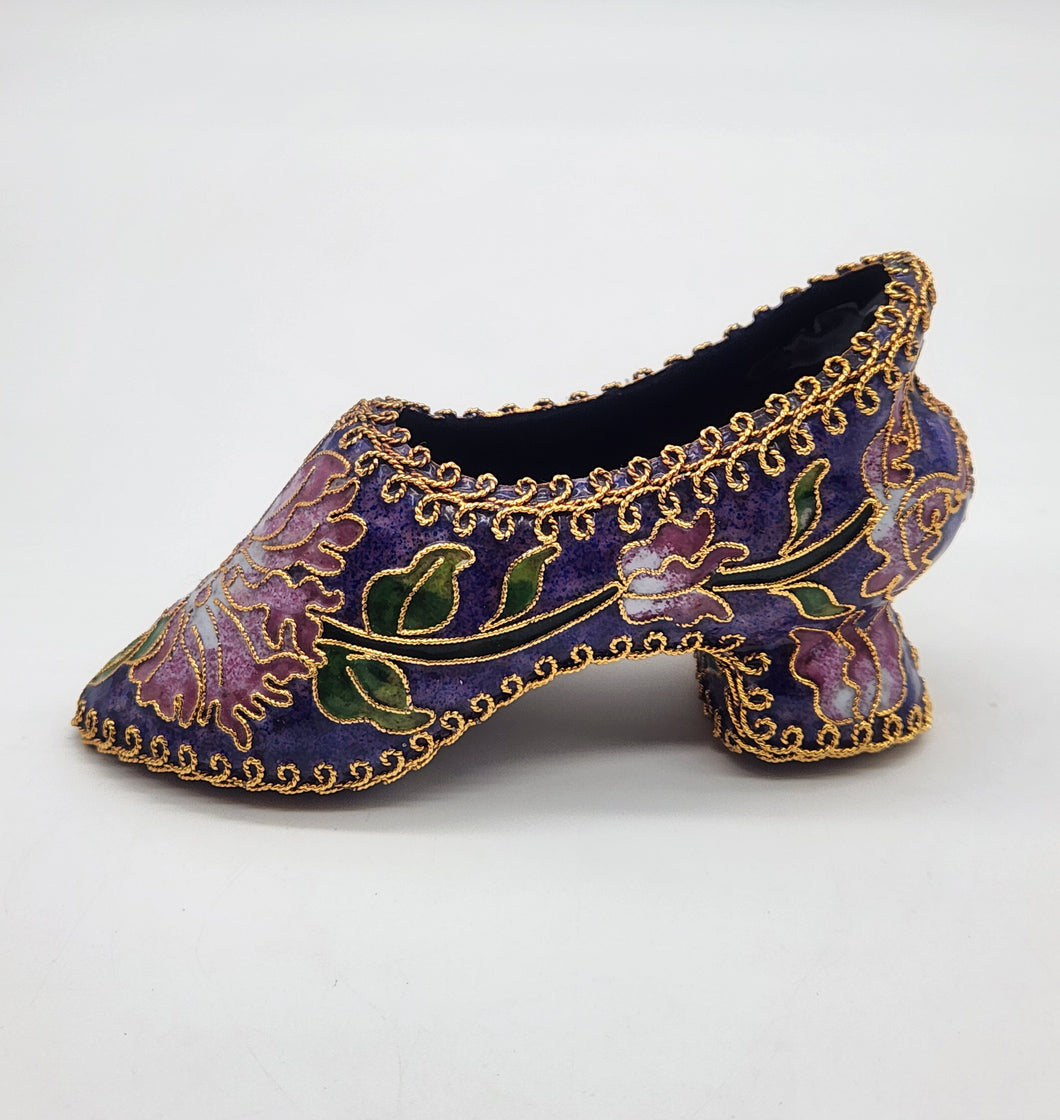 Vintage Cloisonné Enamel Heeled Shoe Ornament Purple with Pink & Green Floral Design Gold trim