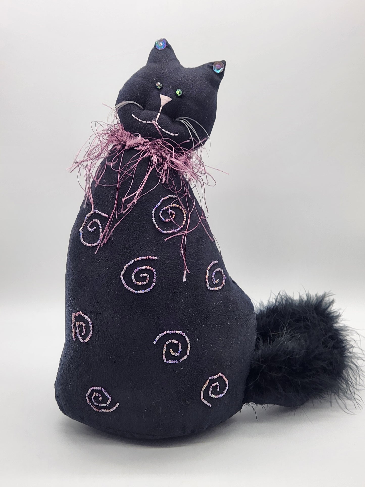 UNIQUE STUFFED BLACK CAT WEIGHTED HALLOWEEN DOOR STOP W/ FURRY COLLAR &TAIL