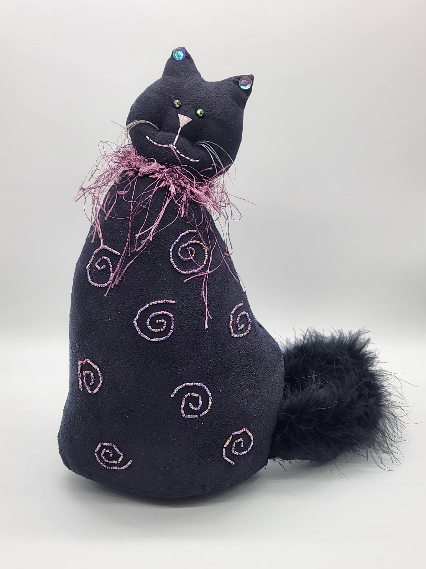 UNIQUE STUFFED BLACK CAT WEIGHTED HALLOWEEN DOOR STOP W/ FURRY COLLAR &TAIL