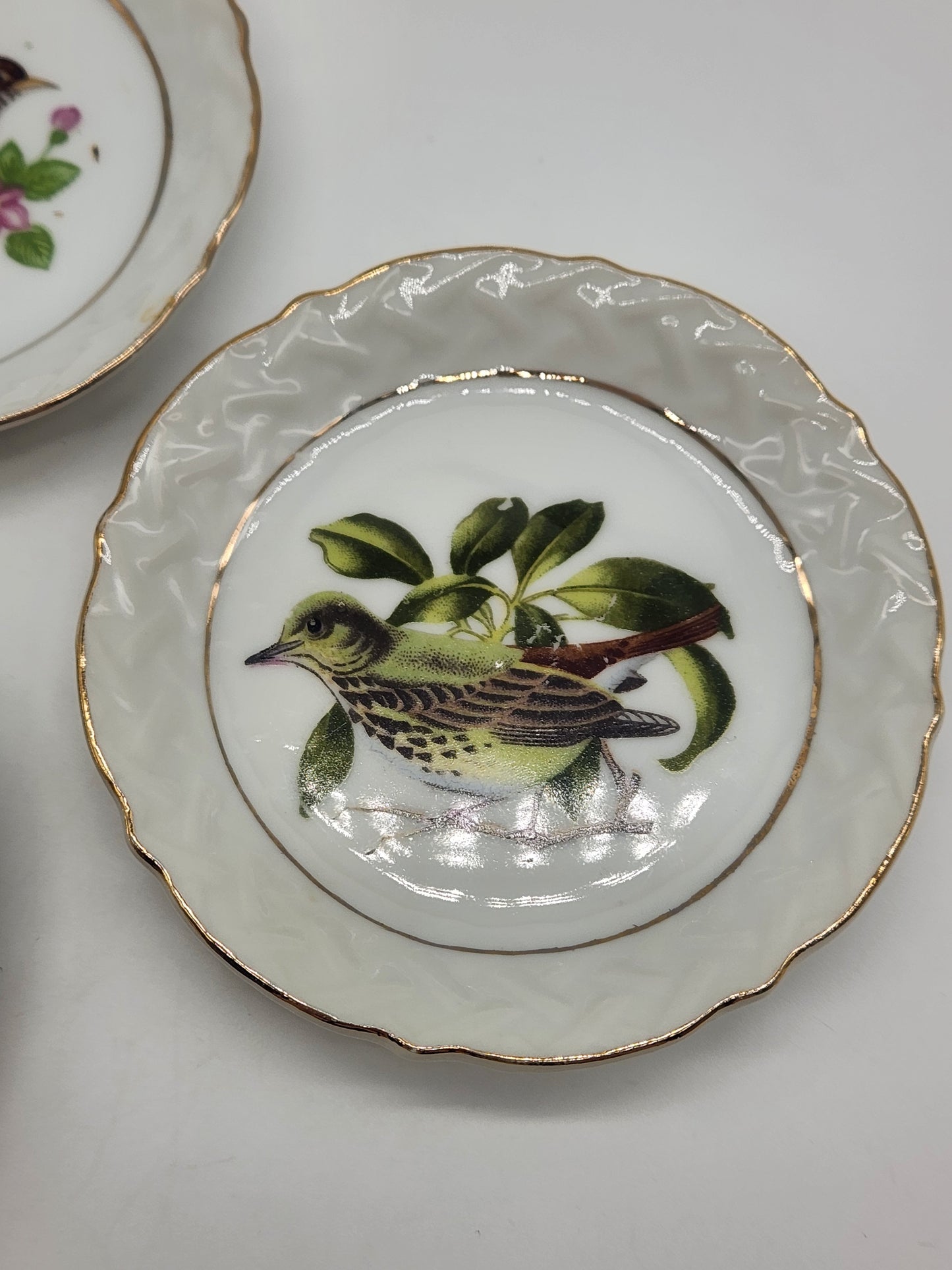 Vintage Porcelain Trinket Dish (set of 3) Birds Gilded Saucer Plate 4”