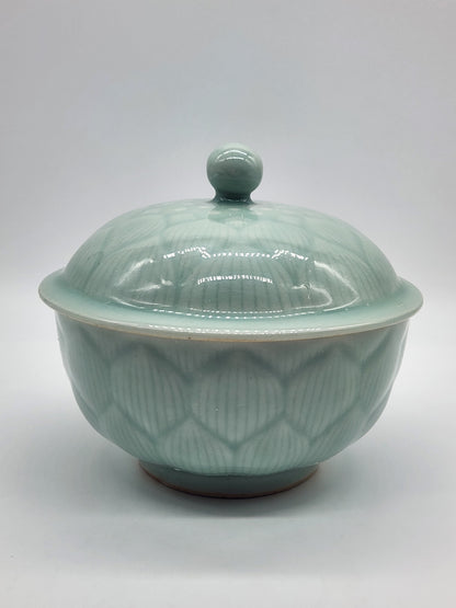 Longquan Celadon Green Bowl with Lid Lidded Lotus Flower Floral 5.5 inches wide